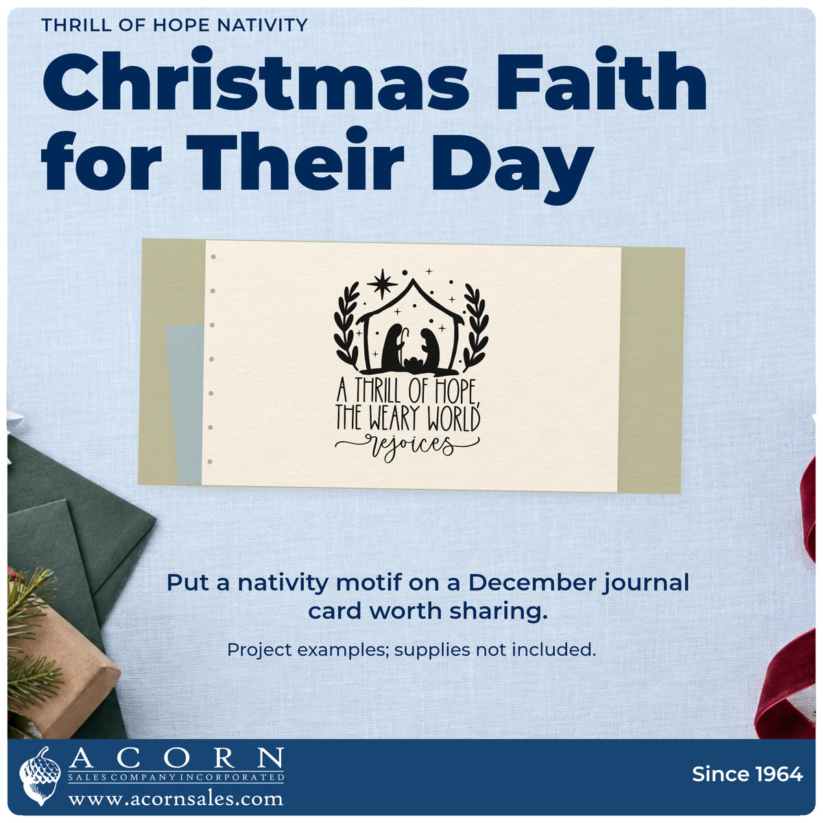 A finished handmade project stamped with the Thrill Of Hope Nativity Premium Wooden Stamp – Vintage Pro, ideal for advent album spread.