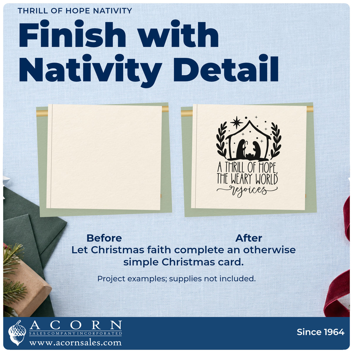 Before and after of a plain item finished with the Thrill Of Hope Nativity Premium Wooden Stamp – Vintage Pro, a quick upgrade for framed chapel entry.