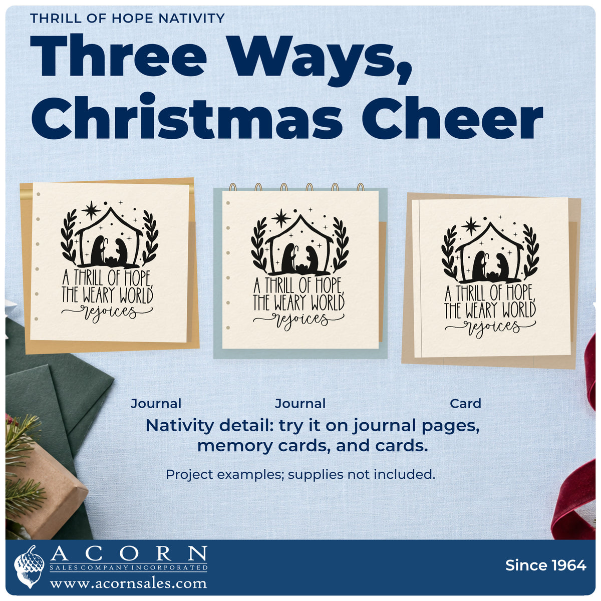 Three project examples made with the Thrill Of Hope Nativity Premium Wooden Stamp – Vintage Pro, including scripture study page.