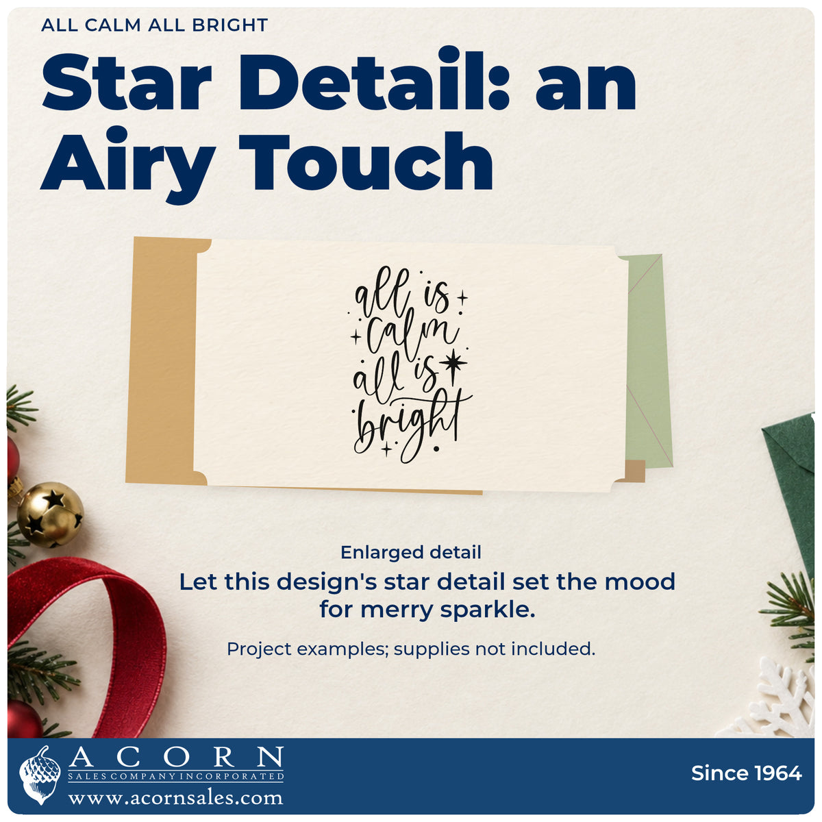 Enlarged detail of the All Calm All Bright Stamp – Self-Inking imprint. “All Is Calm All Is Bright” uses thin script with stars and dots.