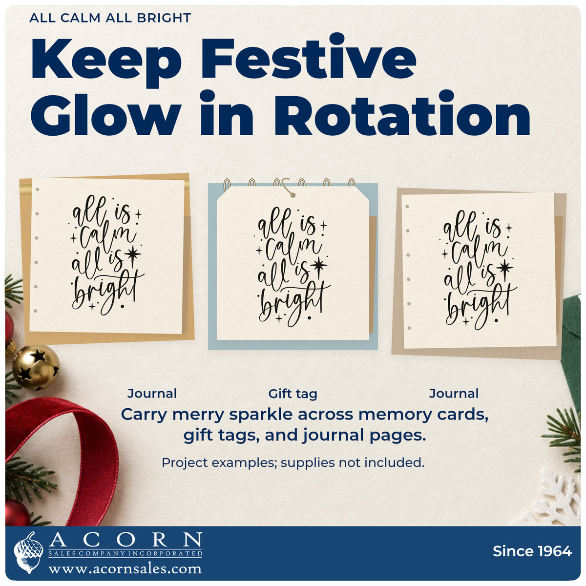 Three project examples made with the All Calm All Bright Stamp – Premium Vintage Pro Wooden, including candle gift tags.