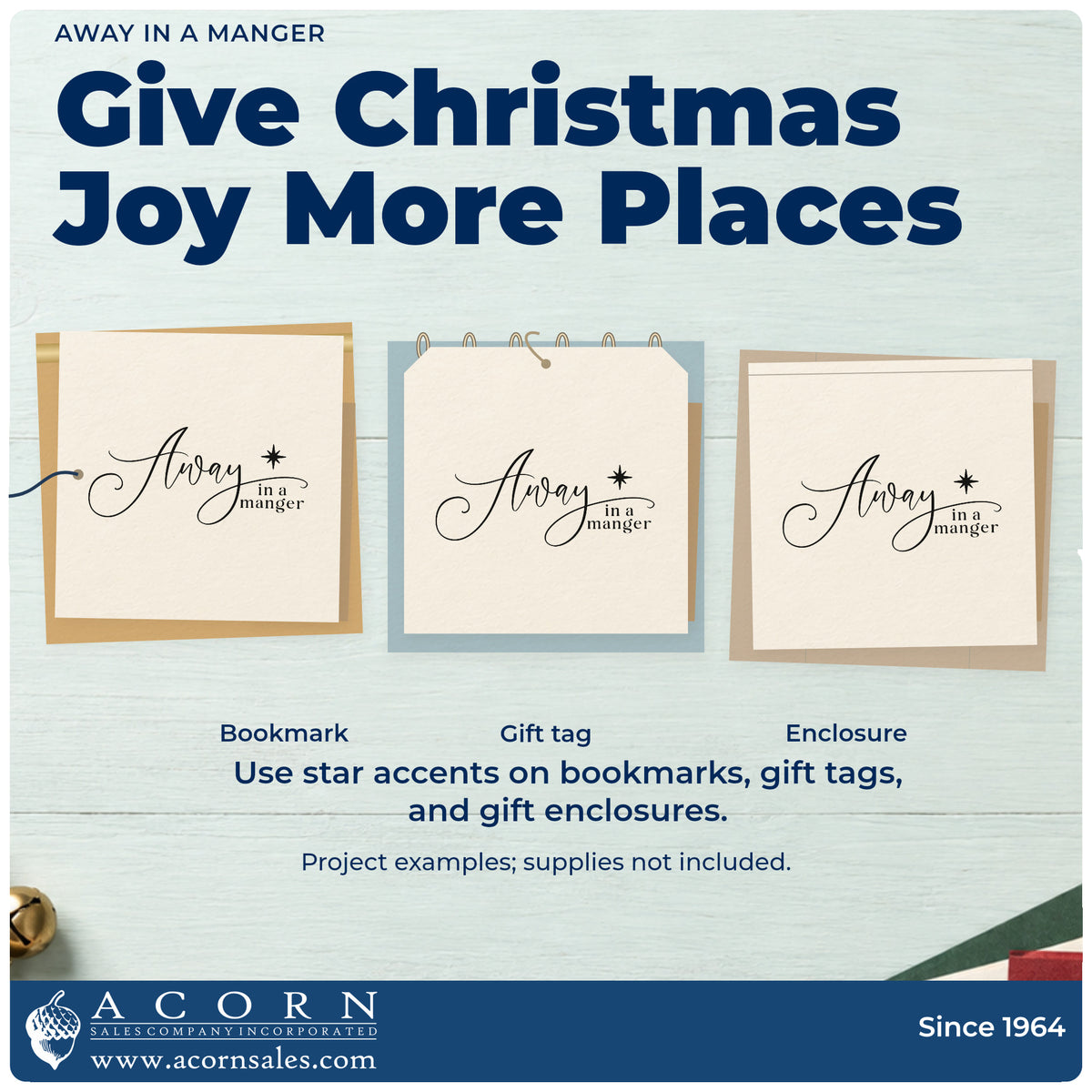 Three project examples made with the Vintage Pro Away In A Manger Premium Wooden Stamp, including memory verse sheet.