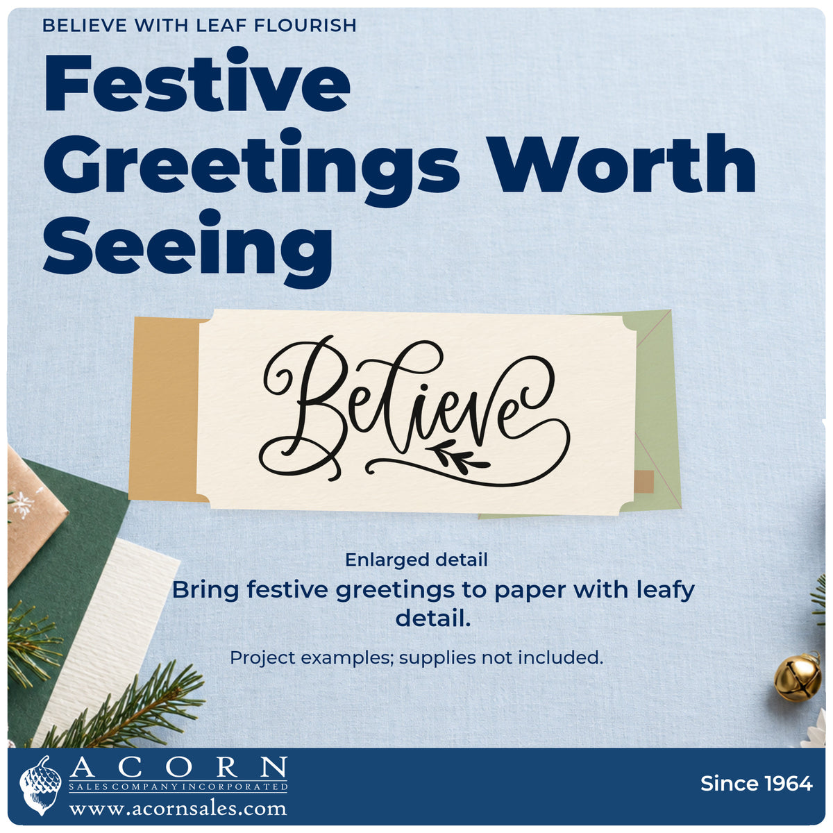 Enlarged detail of the Believe With Leaf Flourished Lettering Hand Stamp – Duo imprint. Elegant script “Believe” features long looping strokes and a small leafy accent.