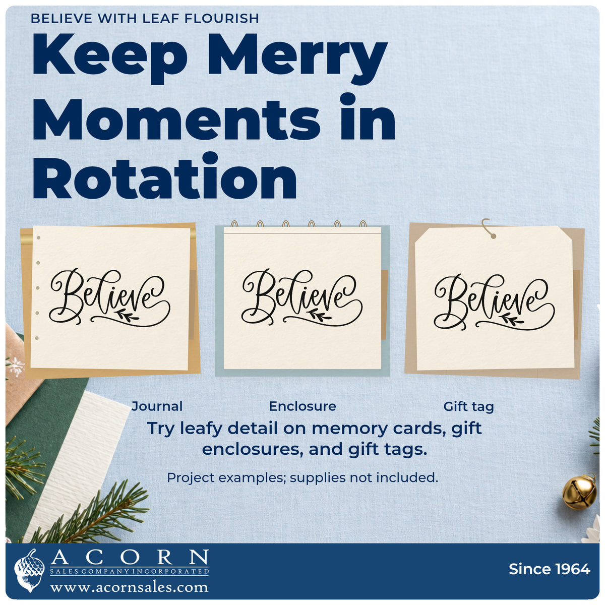 Three project examples made with the Believe With Leaf Flourished Lettering Hand Stamp – Duo, including guest book opener.