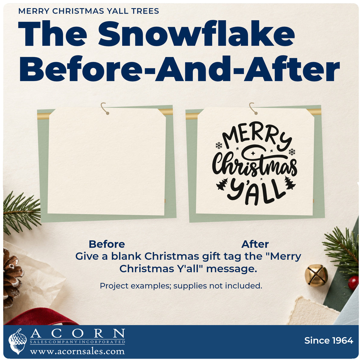Before and after of a plain item finished with the Merry Christmas Yall Trees Premium Wooden Stamp – Vintage Pro, a quick upgrade for framed sideboard art.
