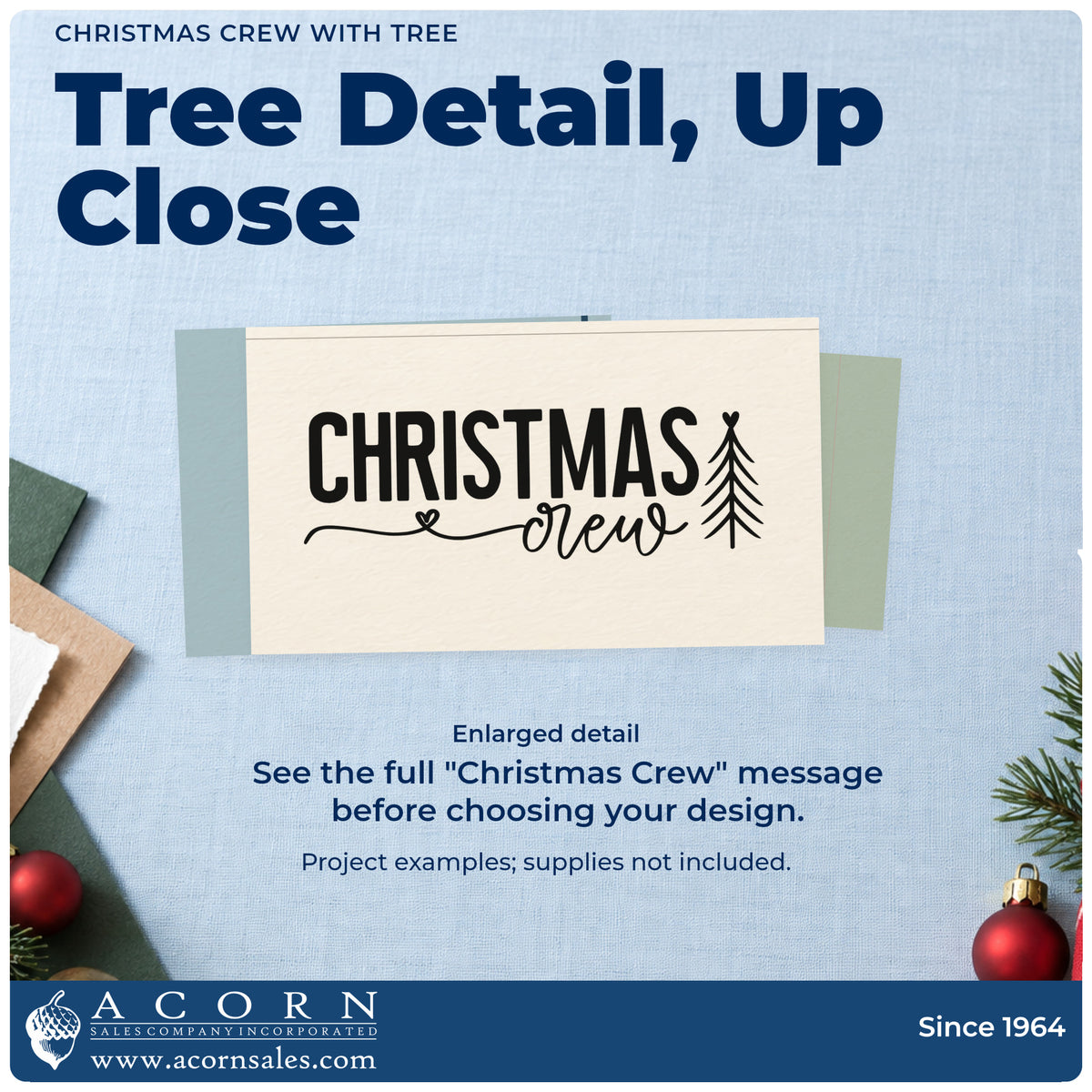 Enlarged detail of the Premium Wooden Christmas Crew With Tree And Heart Stamp – Vintage Pro imprint. “Christmas Crew” features a small heart, long flourish, and line-drawn Christmas tree.
