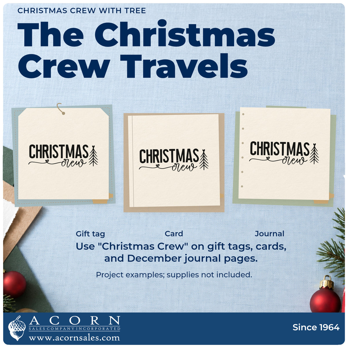 Three project examples made with the Christmas Crew With Tree And Heart Pre-Inked Stamp – Slim, including team roster sheet.