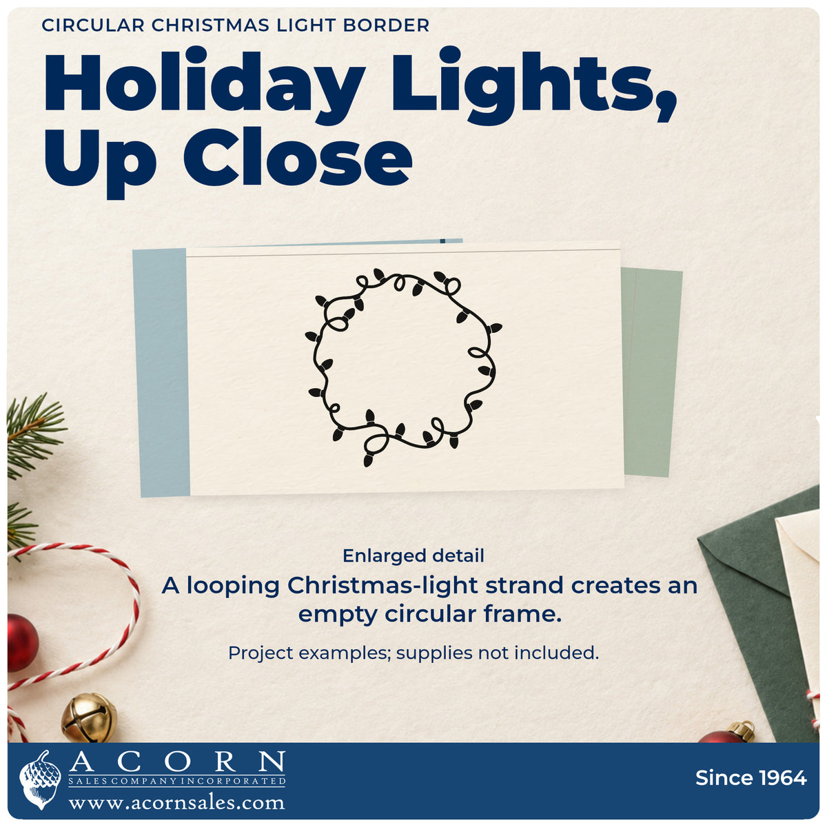 Enlarged detail of the Christmas Light Ring Border Stamp – Duo Hand imprint. A looping strand of Christmas bulbs forms an empty circular frame.