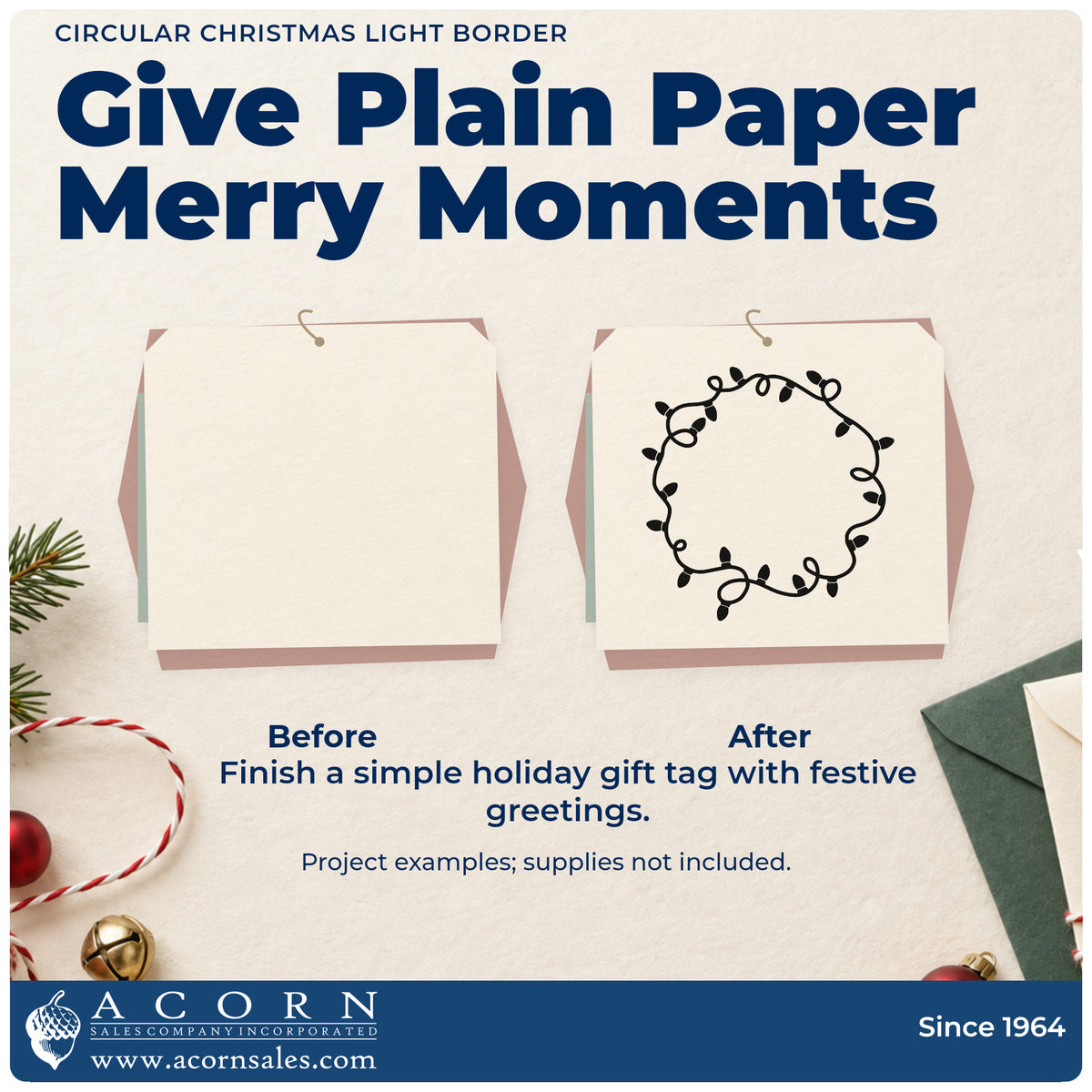 Before and after of a plain item finished with the Christmas Light Ring Border Premium Wooden Stamp – Vintage Pro, a quick upgrade for framed monogram art.