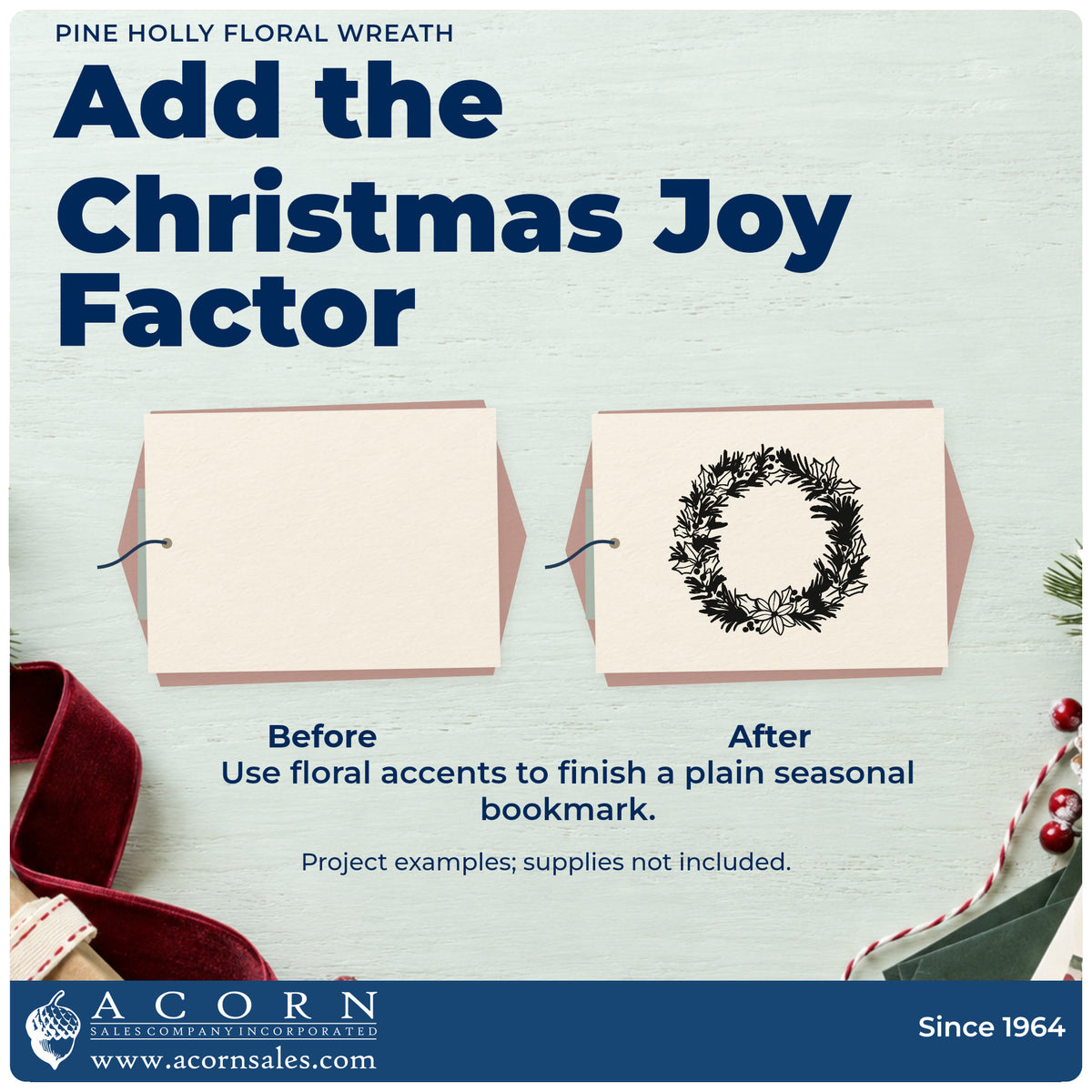Before and after of a plain item finished with the Pine Holly Floral Wreath Stamp – Self-Inking, a quick upgrade for framed house number.