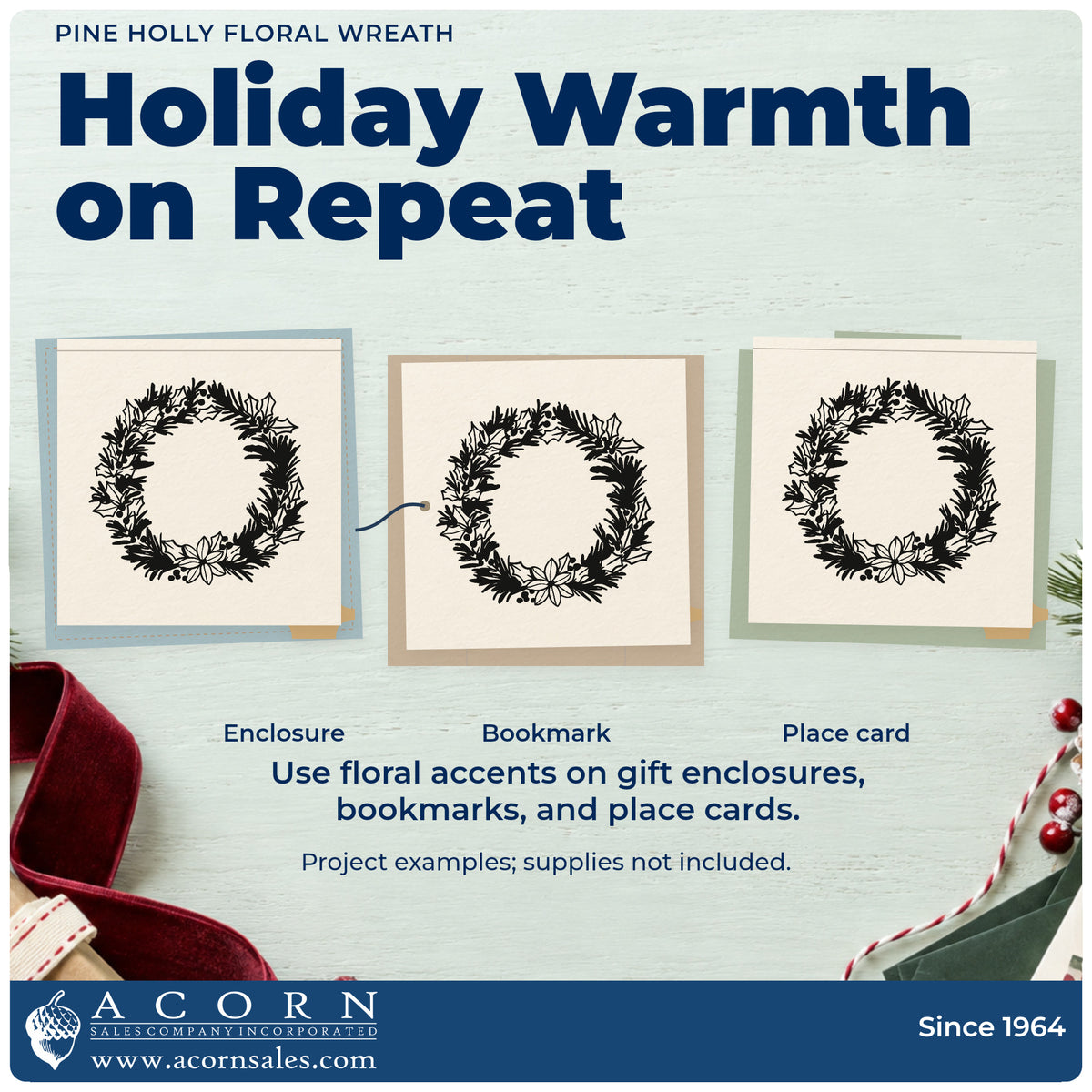 Three project examples made with the Pine Holly Floral Wreath Stamp – Premium Vintage Pro Wooden, including month header journal.