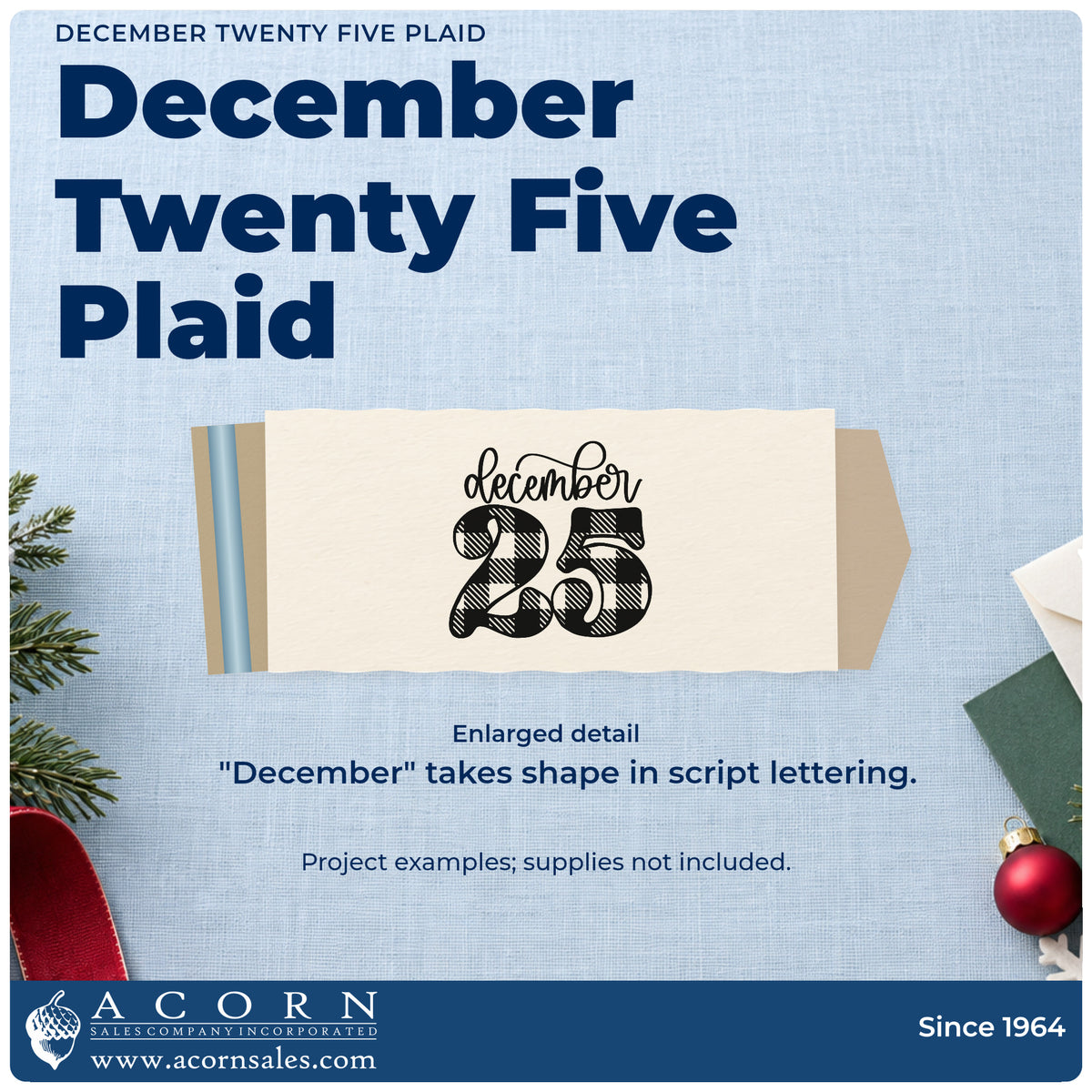Enlarged detail of the December Twenty Five Plaid Slim Pre-Inked Stamp imprint. Script “December” sits above large plaid-patterned numerals “25.”