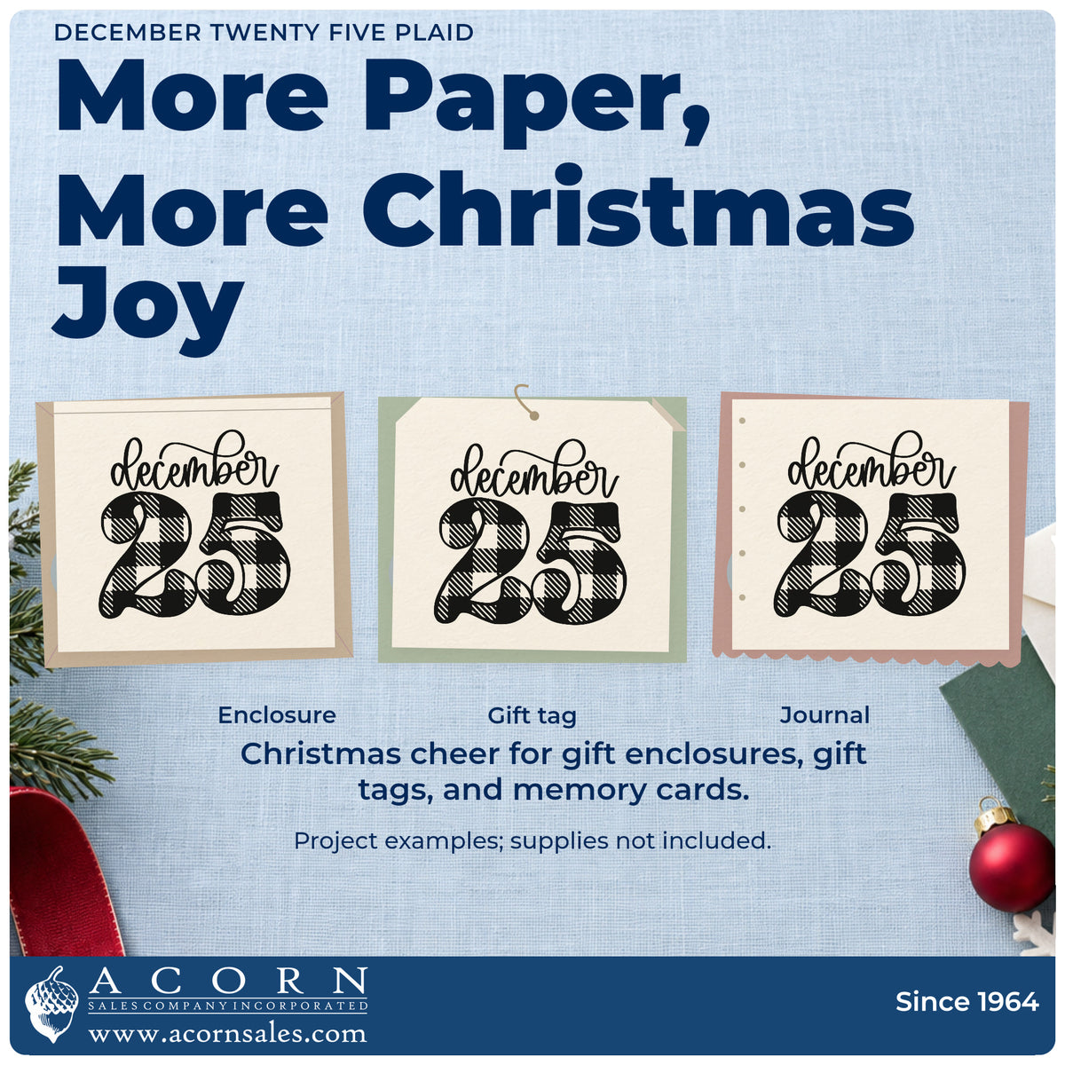 Three project examples made with the December Twenty Five Plaid Stamp – PSI Pre-Inked, including holiday save the date.