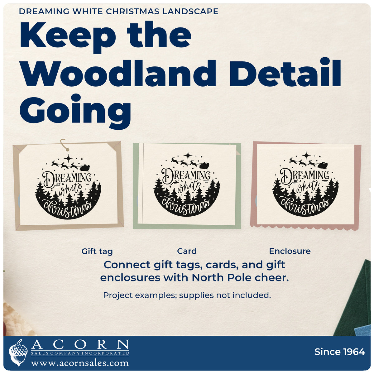 Three project examples made with the Dreaming White Christmas Landscape Reindeer Premium Wooden Stamp – Vintage Pro, including watchlist plan sheet.
