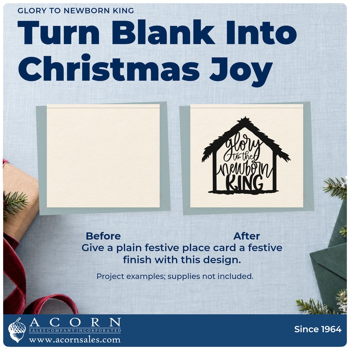 Before and after of a plain item finished with the Glory To Newborn King Stamp – Premium Vintage Pro Wooden, a quick upgrade for framed fellowship hall.