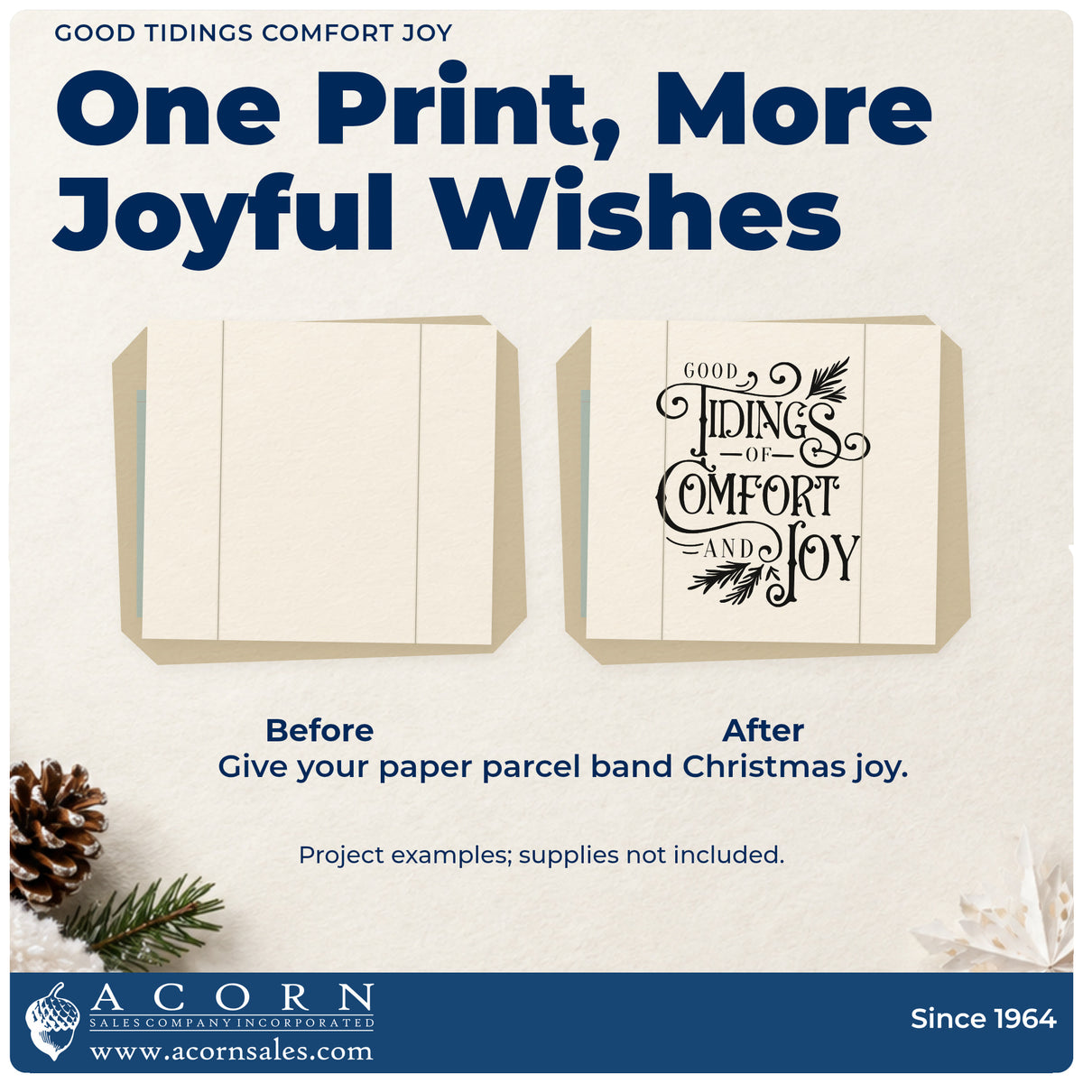 Before and after of a plain item finished with the Good Tidings Comfort Joy Stamp – Self-Inking, a quick upgrade for linen napkin printing.