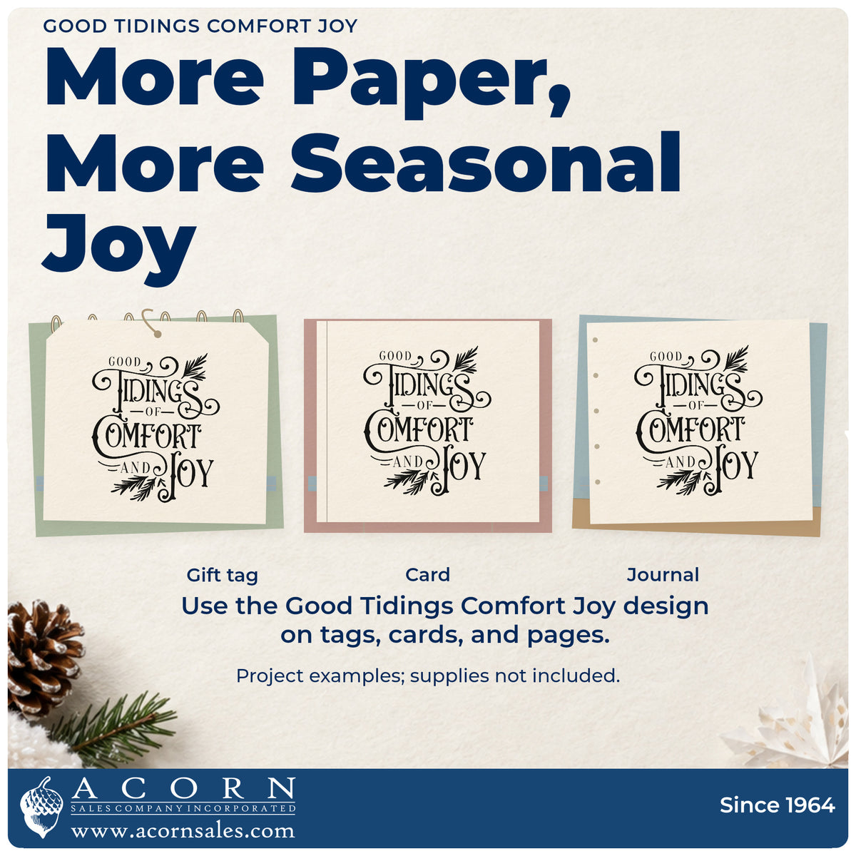 Three project examples made with the Premium Wooden Good Tidings Comfort Joy Stamp – Vintage Pro, including corporate gift tags.