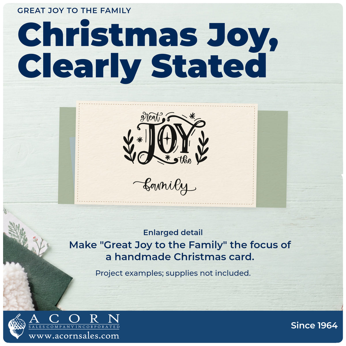 Enlarged detail of the Great Joy To The Family Premium Wooden Stamp – Vintage Pro imprint. Ornamental lettering reads “Great Joy to the Family” with leafy branches and stars.