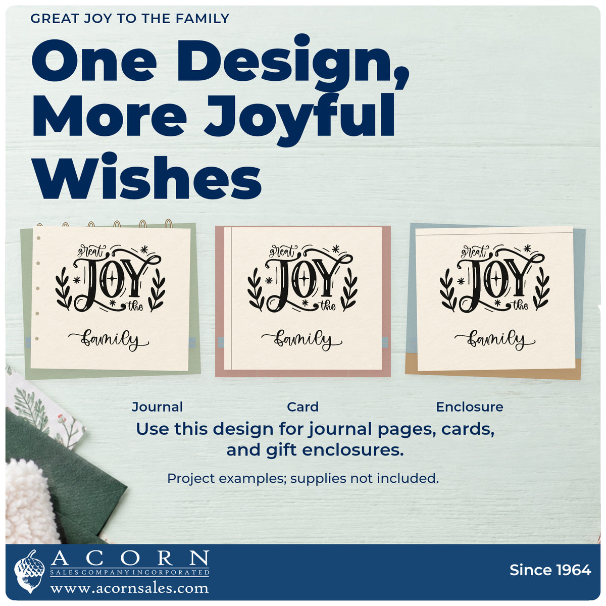 Three project examples made with the Great Joy To The Family Self-Inking Craft Stamp, including family tree page.