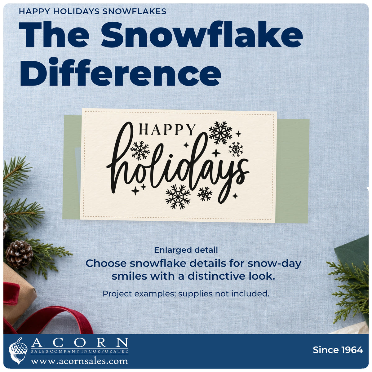 Enlarged detail of the Happy Holidays Snowflakes Script Lettering Self-Inking Stamp imprint. “Happy Holidays” appears in capitals and script surrounded by snowflakes.