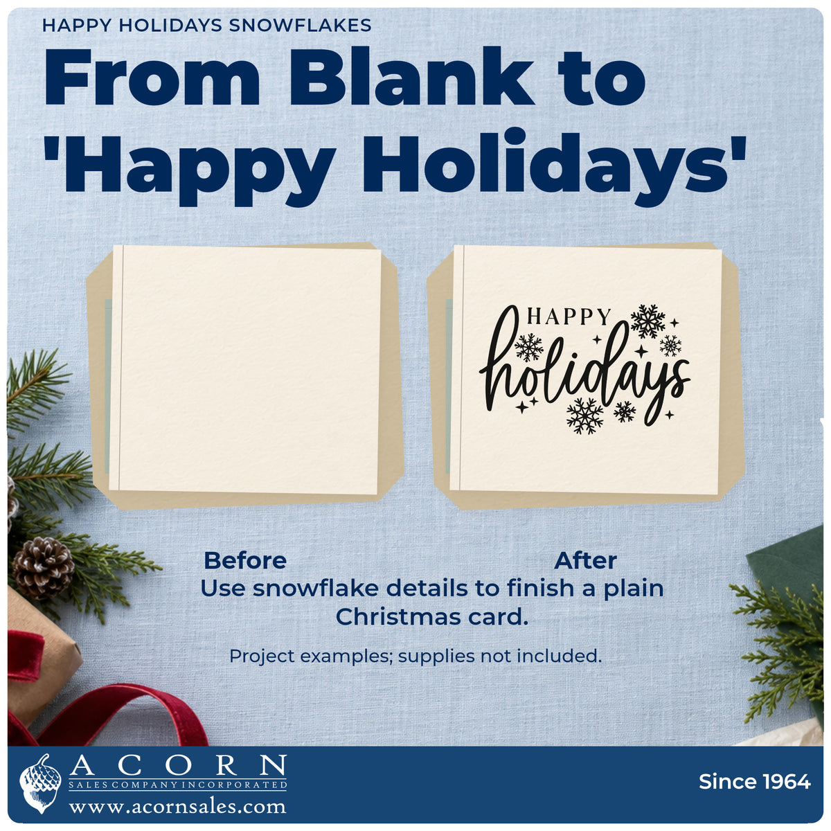 Before and after of a plain item finished with the Happy Holidays Snowflakes Script Lettering Self-Inking Stamp, a quick upgrade for framed lobby sign.