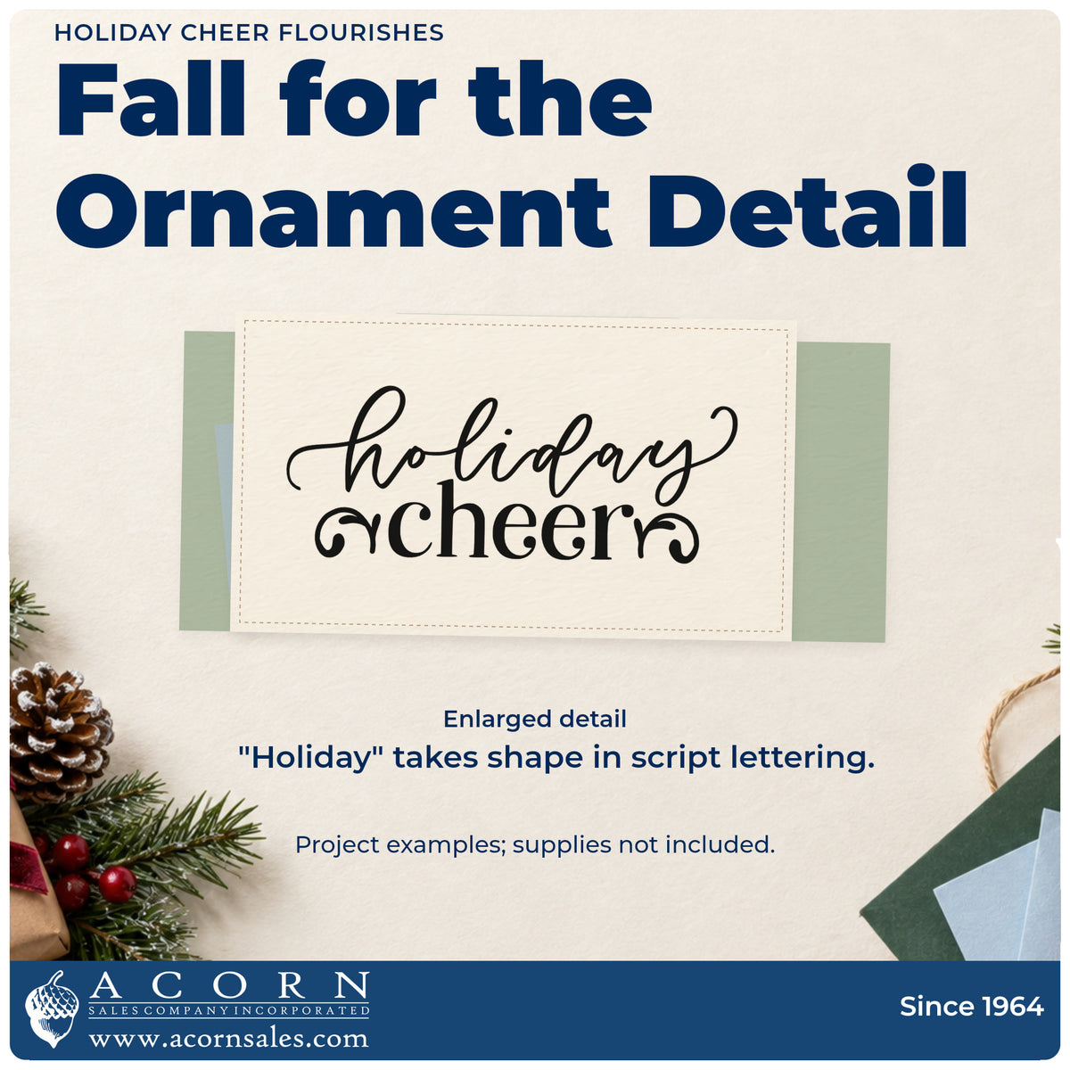 Enlarged detail of the Holiday Cheer Flourishes Rubber Stamp – Wood Handle imprint. Script “Holiday” sits above serif “Cheer” with curled ornaments at each side.