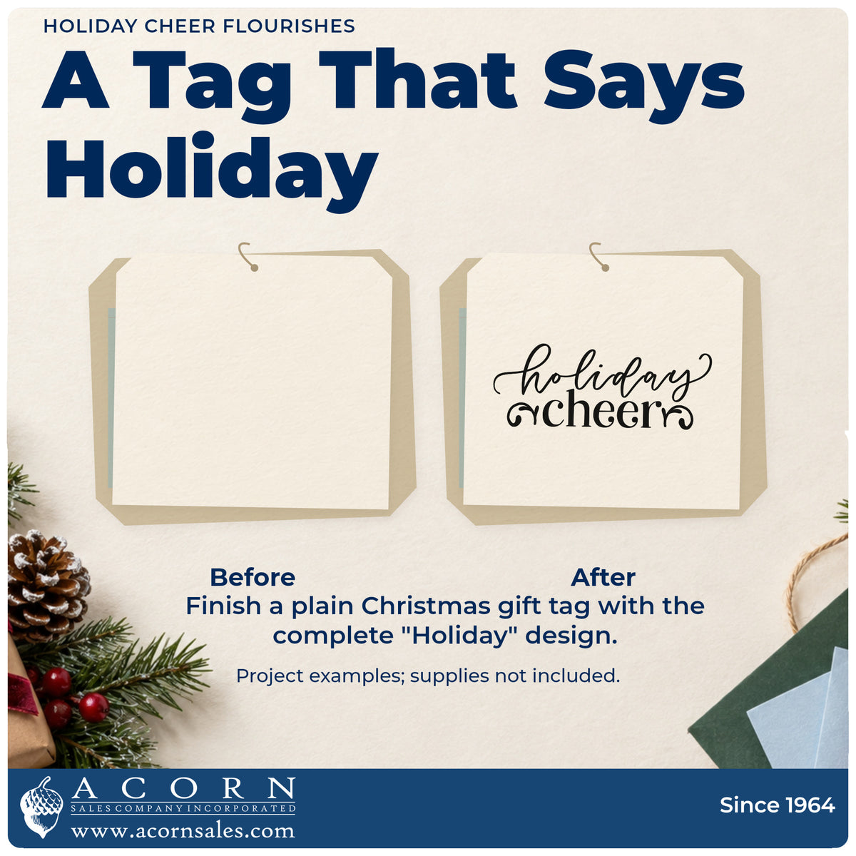 Before and after of a plain item finished with the Holiday Cheer Flourishes Slim Pre-Inked Stamp, a quick upgrade for framed entry easel.