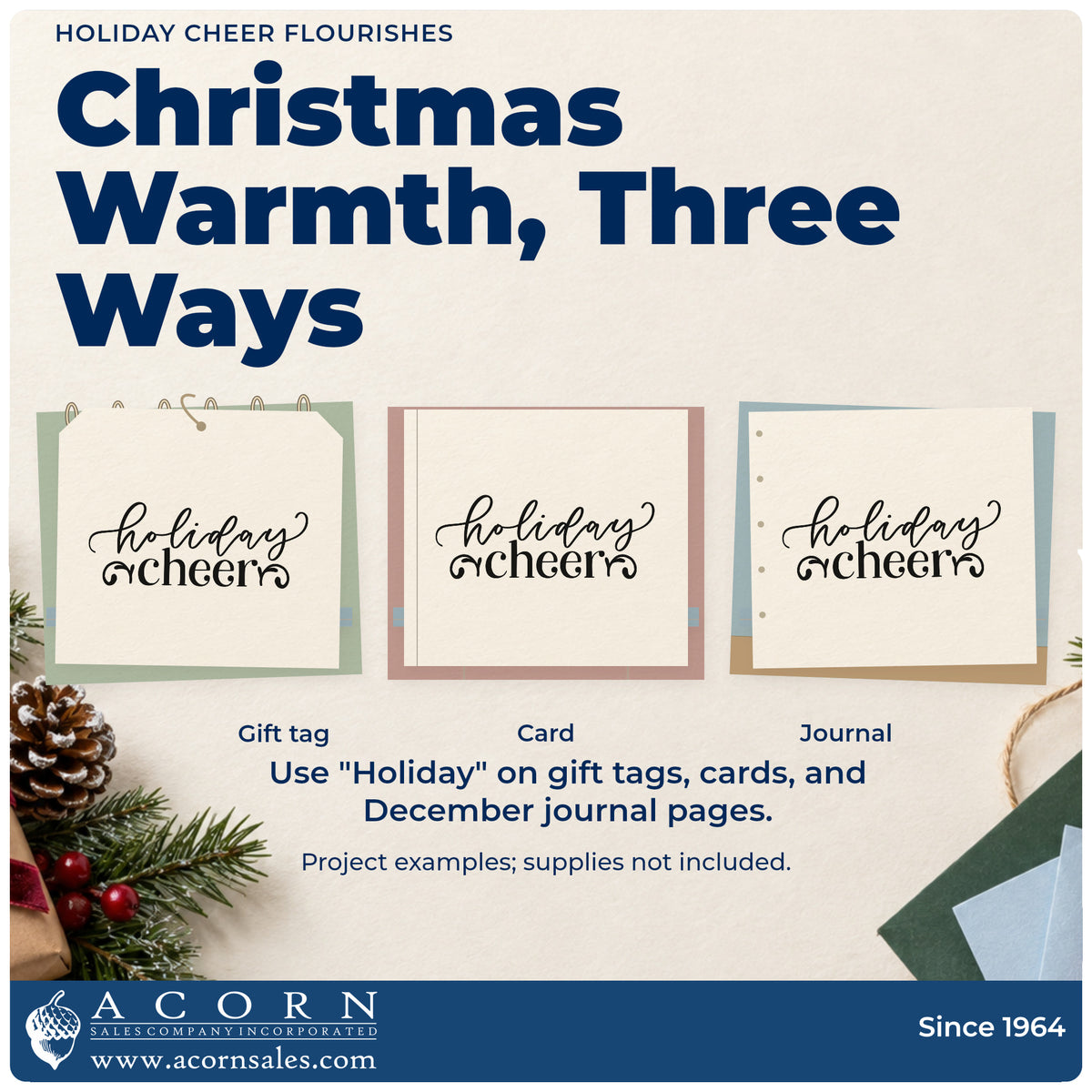 Three project examples made with the Holiday Cheer Flourishes Pre-Inked Stamp – PSI, including promo plan sheet.
