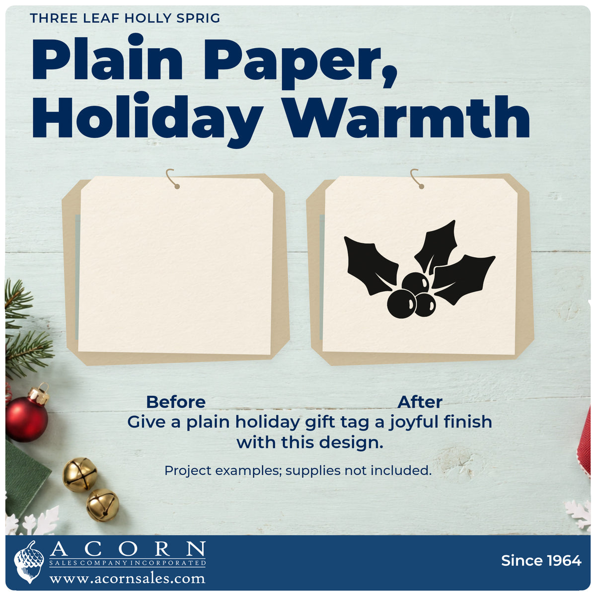 Before and after of a plain item finished with the Three Leaf Holly Sprig Pre-Inked Stamp – Slim, a quick upgrade for framed botanical print.