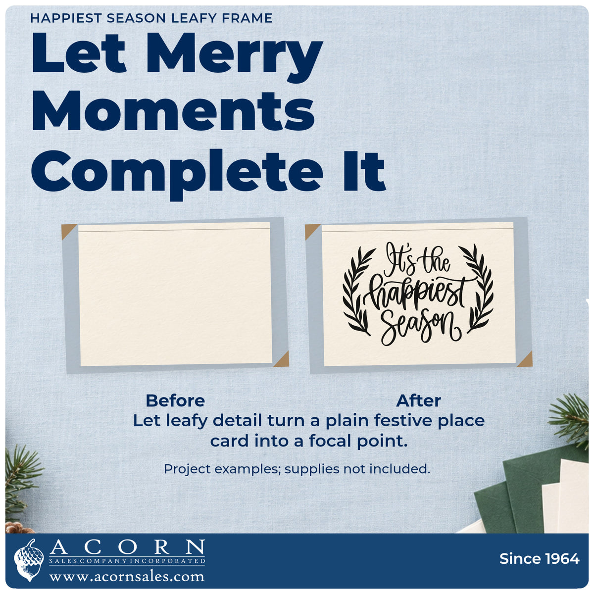 Before and after of a plain item finished with the Happiest Season Leafy Framed Lettering Stamp – Premium Vintage Pro Wooden, a quick upgrade for framed desk plaque.