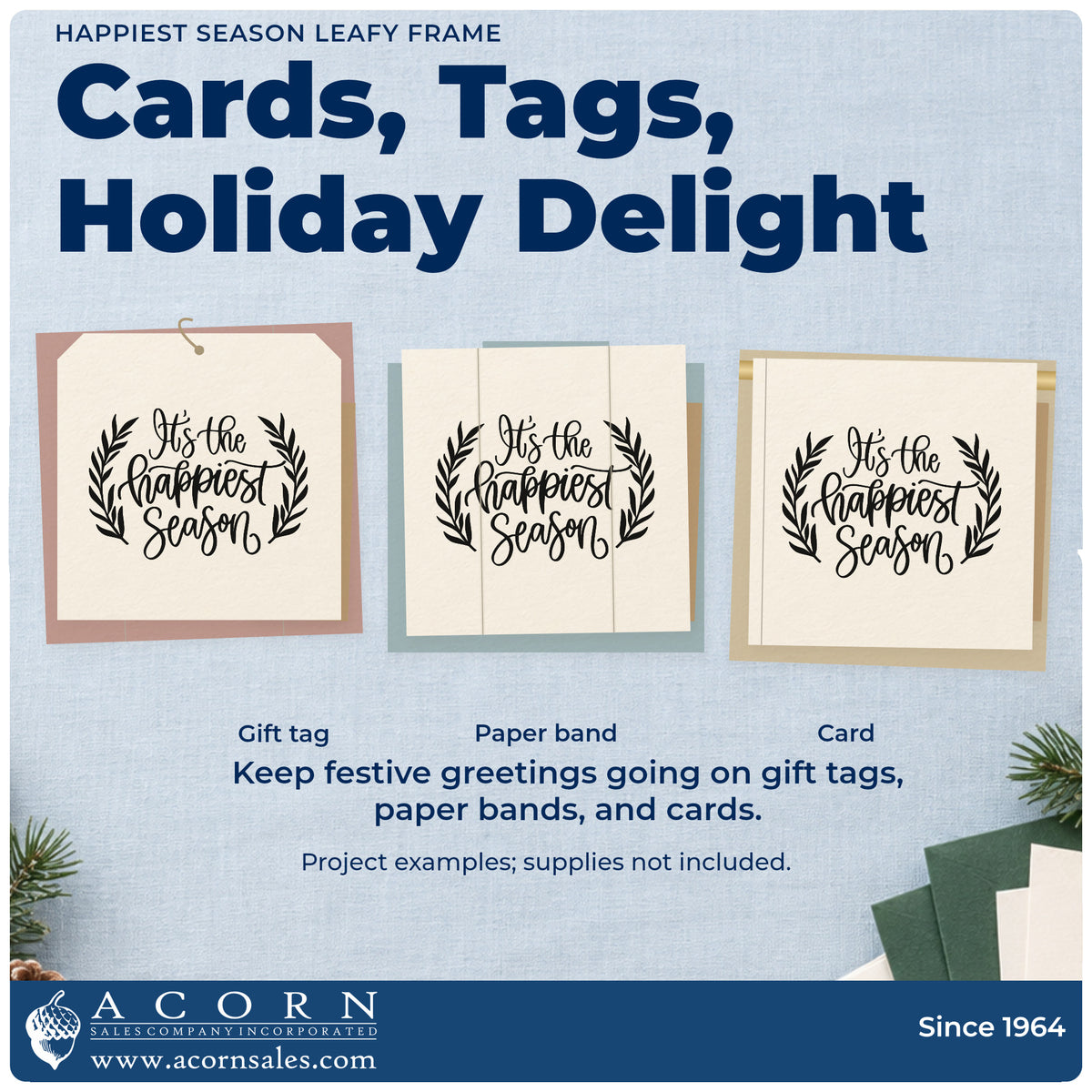 Three project examples made with the Happiest Season Leafy Framed Lettering Rubber Stamp – Wood Handle, including highlight log sheet.