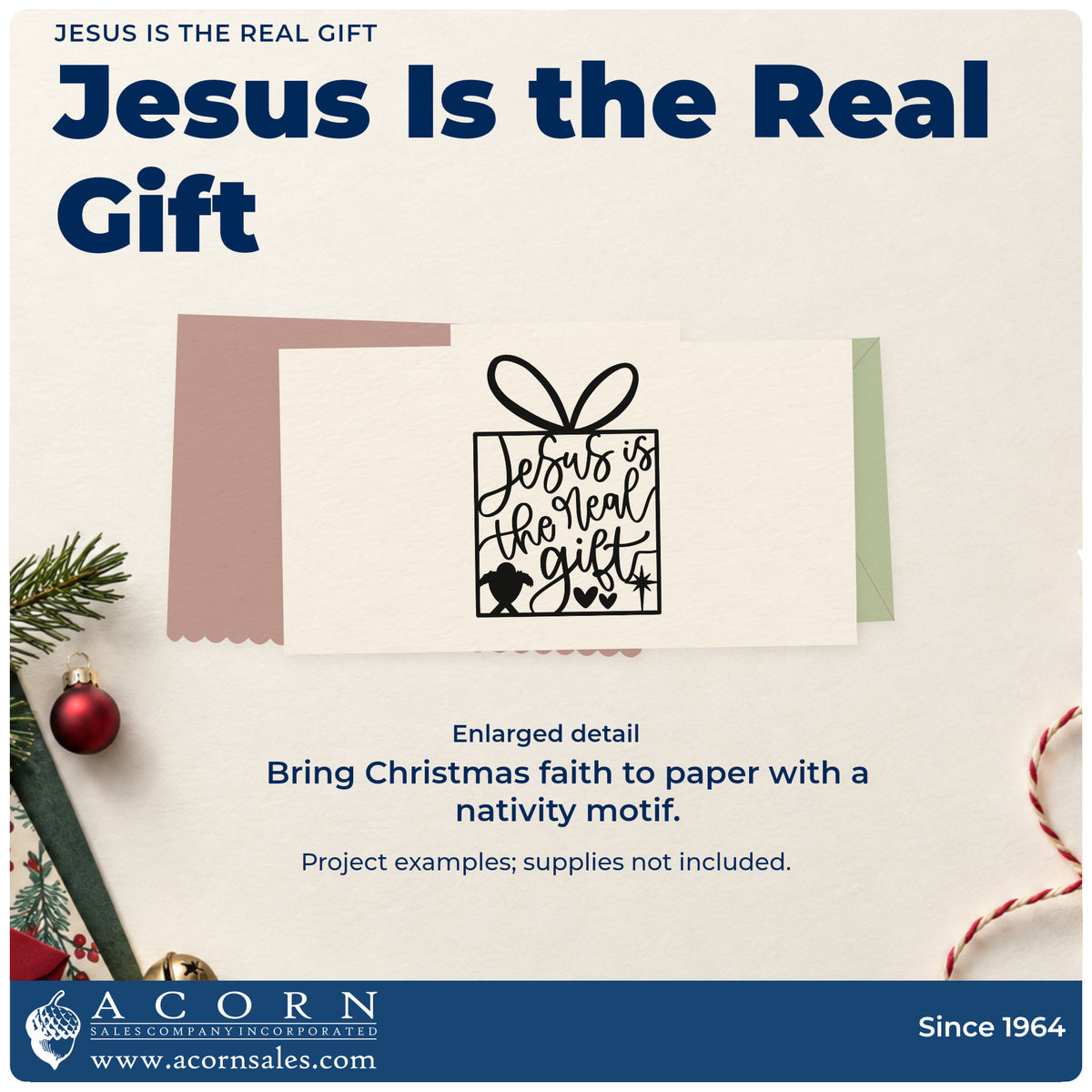 Enlarged detail of the Jesus Is The Real Gift Premium Wood-Mounted Stamp – Vintage Pro imprint. “Jesus Is the Real Gift” fills a ribbon-topped gift outline with nativity-themed silhouettes and hearts below.