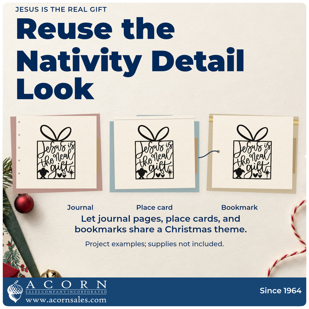 Three project examples made with the Jesus Is The Real Gift Premium Wood-Mounted Stamp – Vintage Pro, including lesson outline sheet.