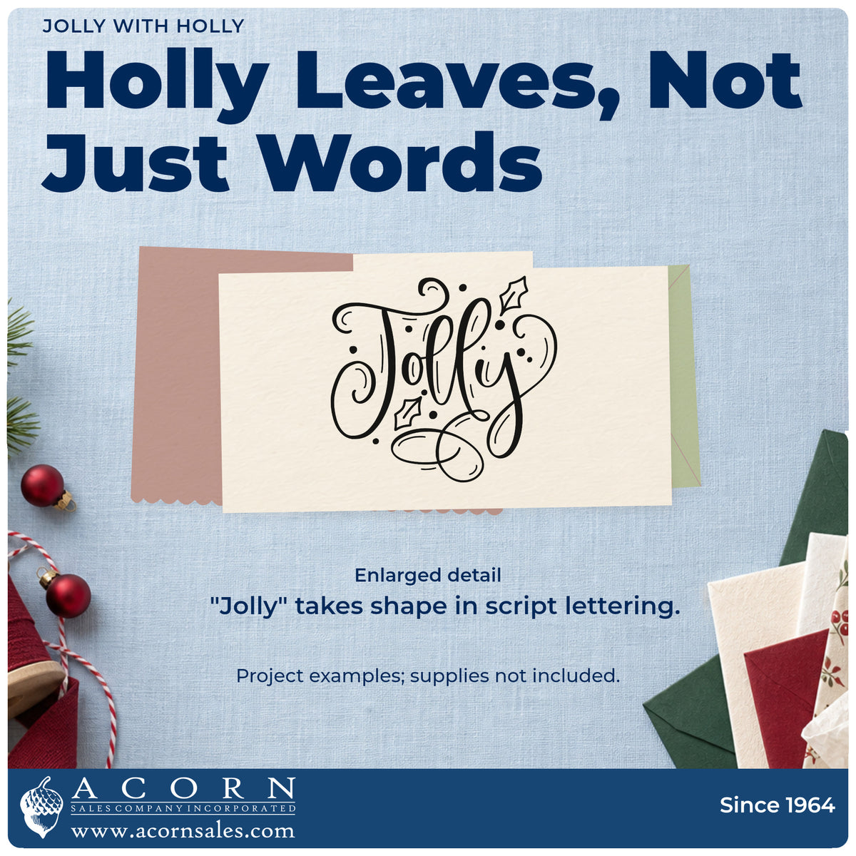 Enlarged detail of the Jolly With Holly Rubber Stamp – Duo Hand imprint. Large ornate script “Jolly” is decorated with holly leaves, dots, and looping flourishes.