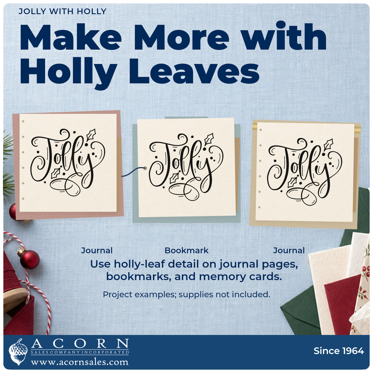 Three project examples made with the Jolly With Holly Premium Wooden Stamp – Vintage Pro, including word of year journal.