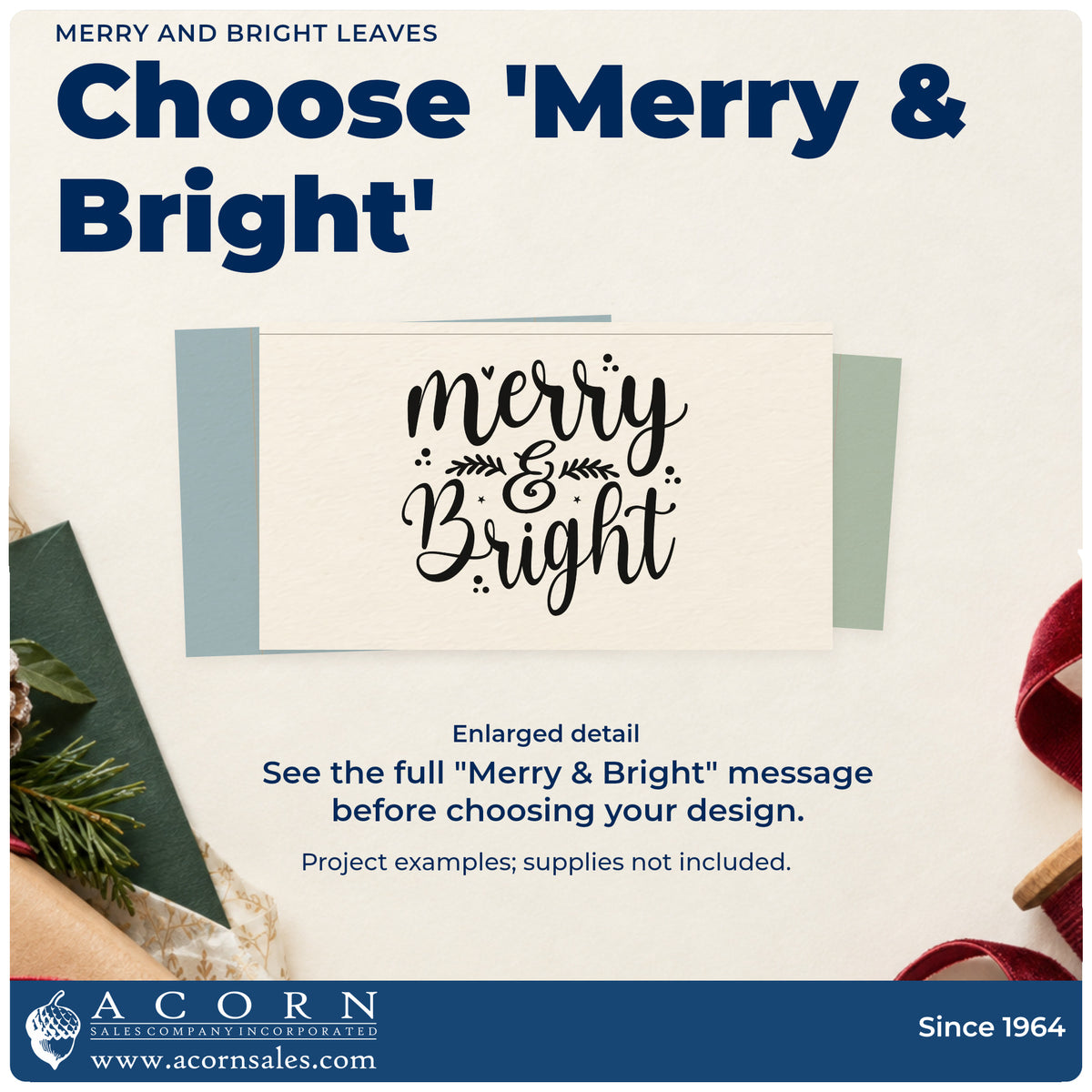 Enlarged detail of the Merry & Bright Botanical Sprig Slim Pre-Inked Stamp imprint. “Merry & Bright” features small leafy sprigs, a heart, and dot clusters.