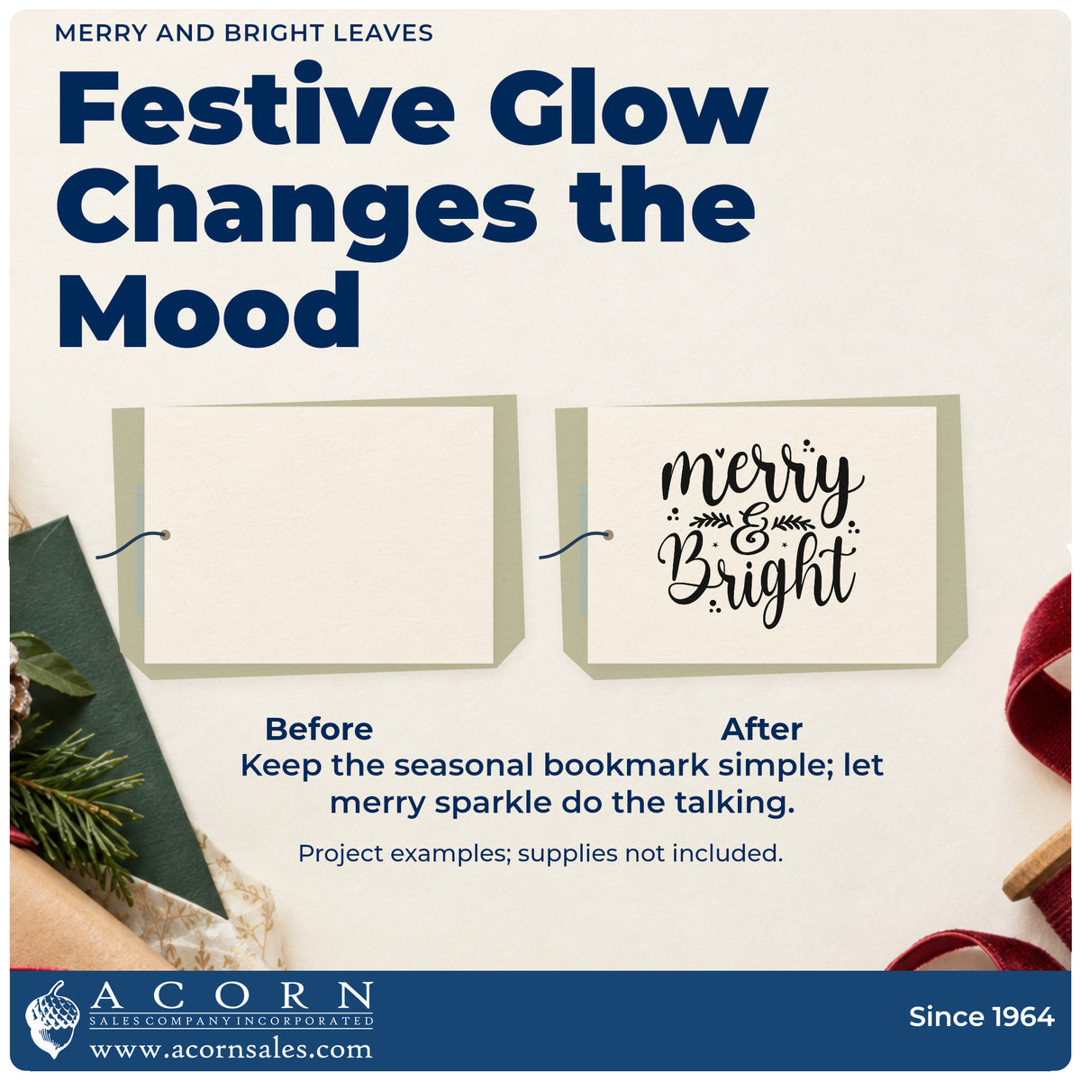 Before and after of a plain item finished with the Merry & Bright Botanical Sprig Slim Pre-Inked Stamp, a quick upgrade for framed kitchen ledge.