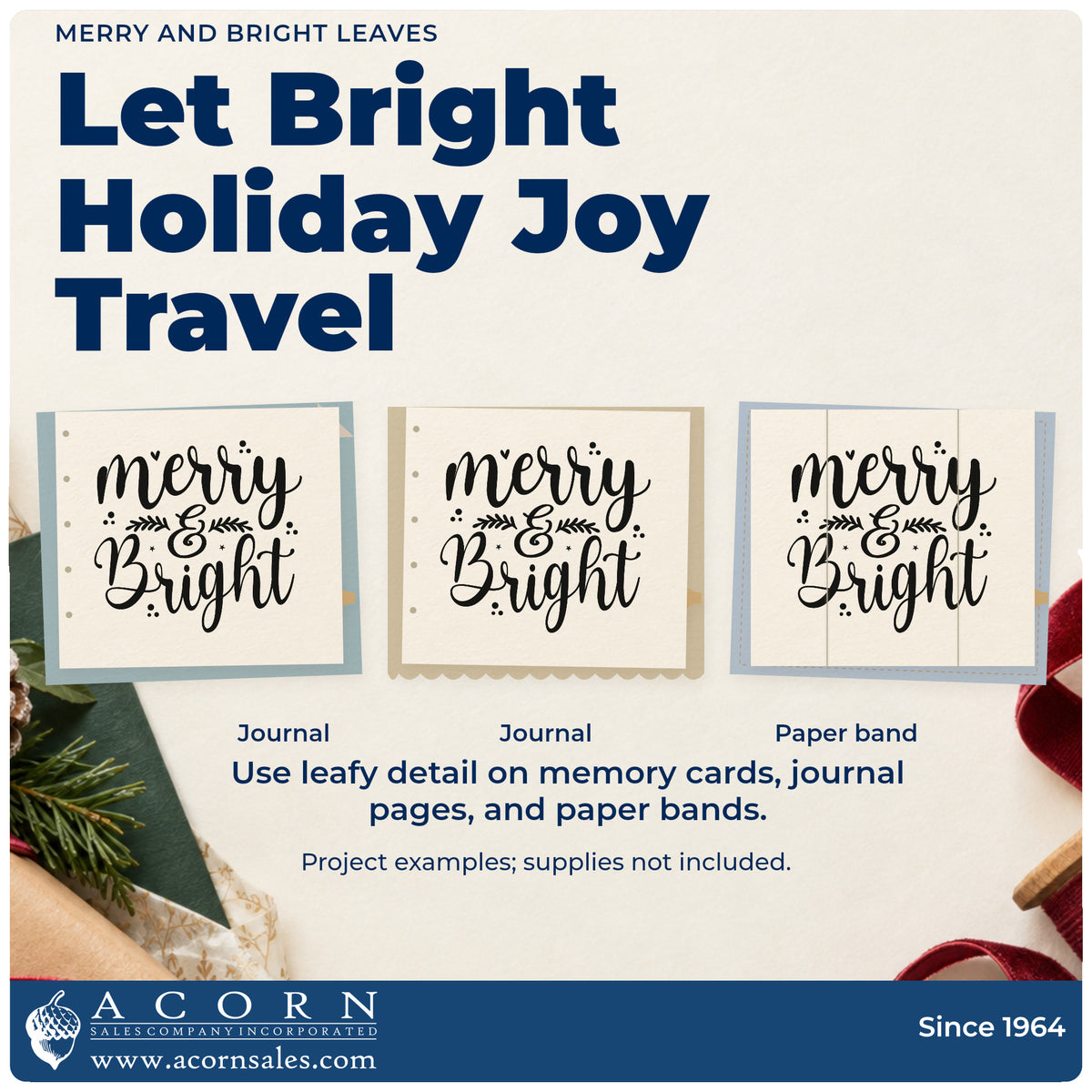 Three project examples made with the Merry & Bright Botanical Sprig Slim Pre-Inked Stamp, including weekly planner header.