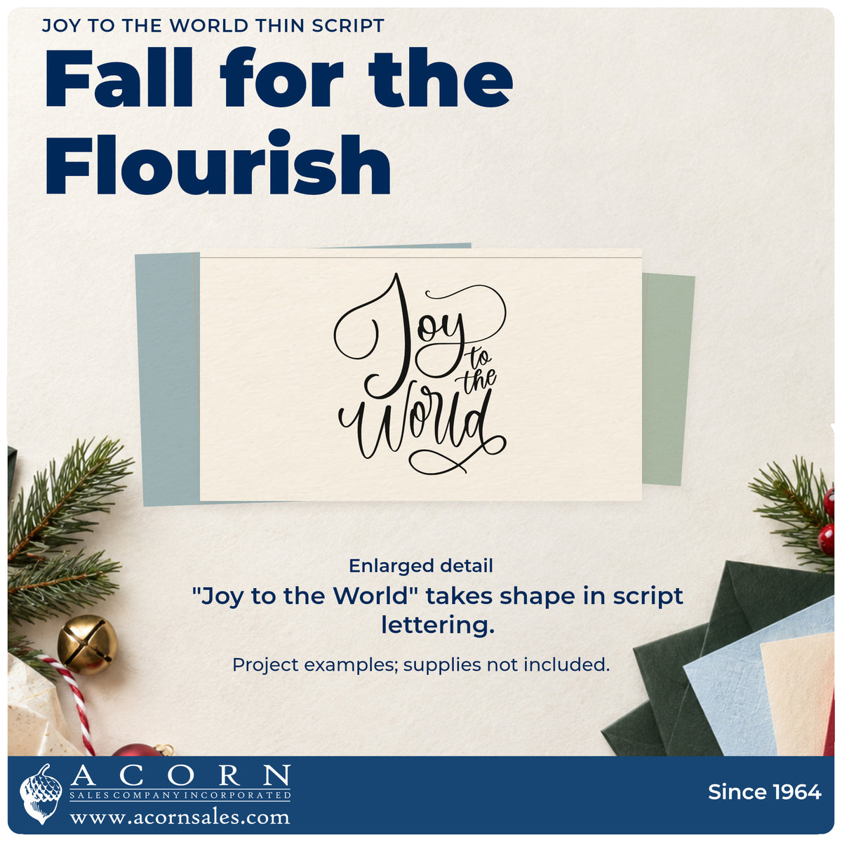 Enlarged detail of the Joy To The World Thin Script Premium Wooden Stamp – Vintage Pro imprint. “Joy to the World” appears in thin elegant script with sweeping loops.