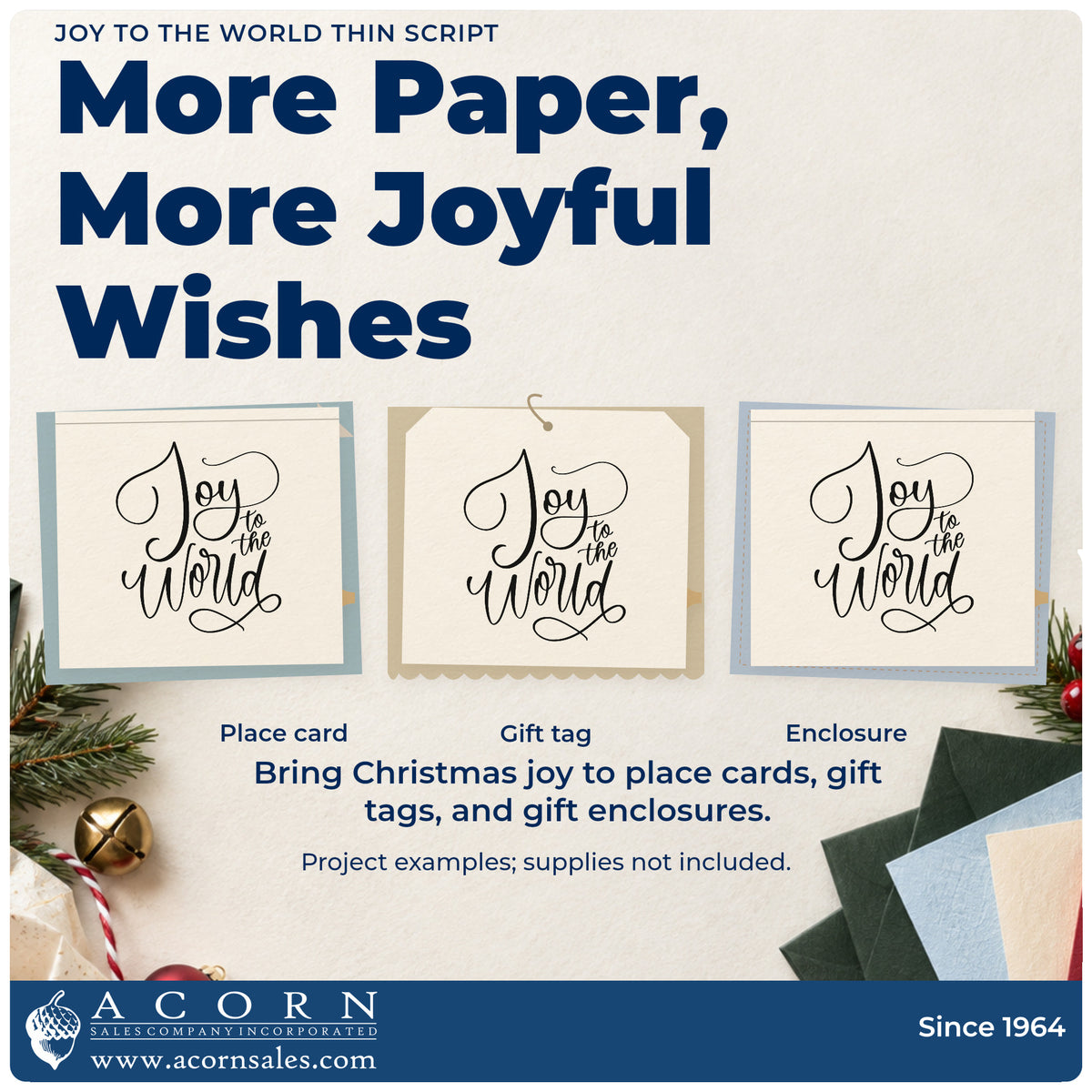 Three project examples made with the Joy To The World Thin Script Pre-Inked Stamp – PSI, including letter paper header.