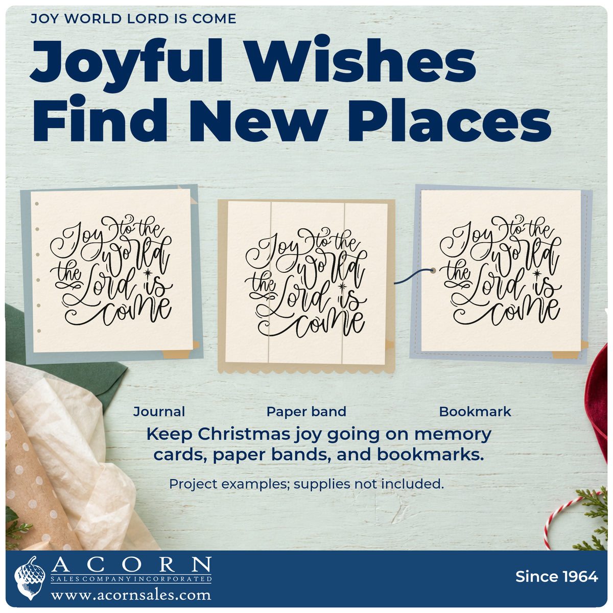 Three project examples made with the Joy World Lord Is Come Pre-Inked Stamp – Slim, including copywork practice sheet.