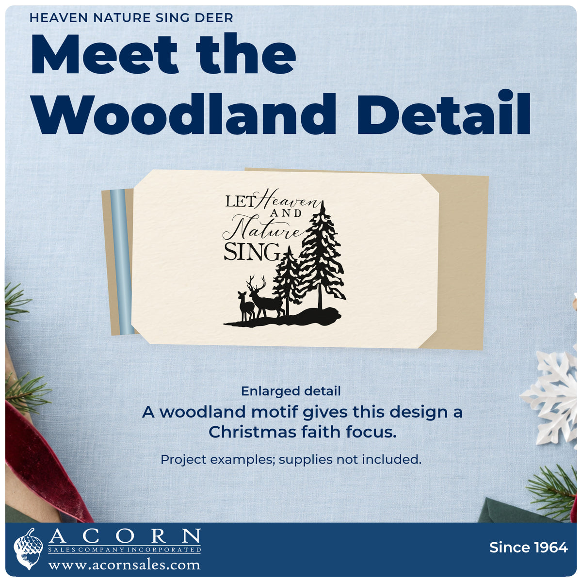Enlarged detail of the Heaven Nature Sing Deer Self-Inking Stamp imprint. “Let Heaven and Nature Sing” appears beside snow-covered pines and a deer silhouette.