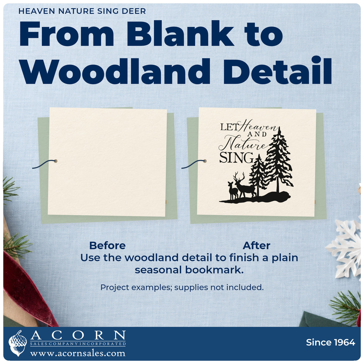 Before and after of a plain item finished with the Heaven Nature Sing Deer Wood Handle Stamp, a quick upgrade for wool blanket printing.