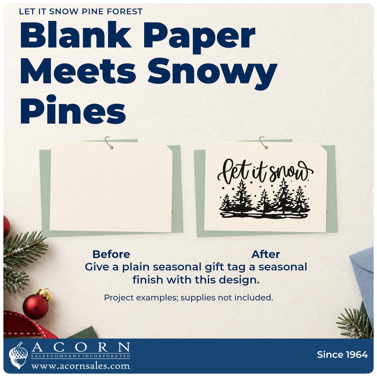 Before and after of a plain item finished with the Let It Snow Pine Forest Tree Motif Rubber Stamp – Wood Handle, a quick upgrade for framed cabin mantel.
