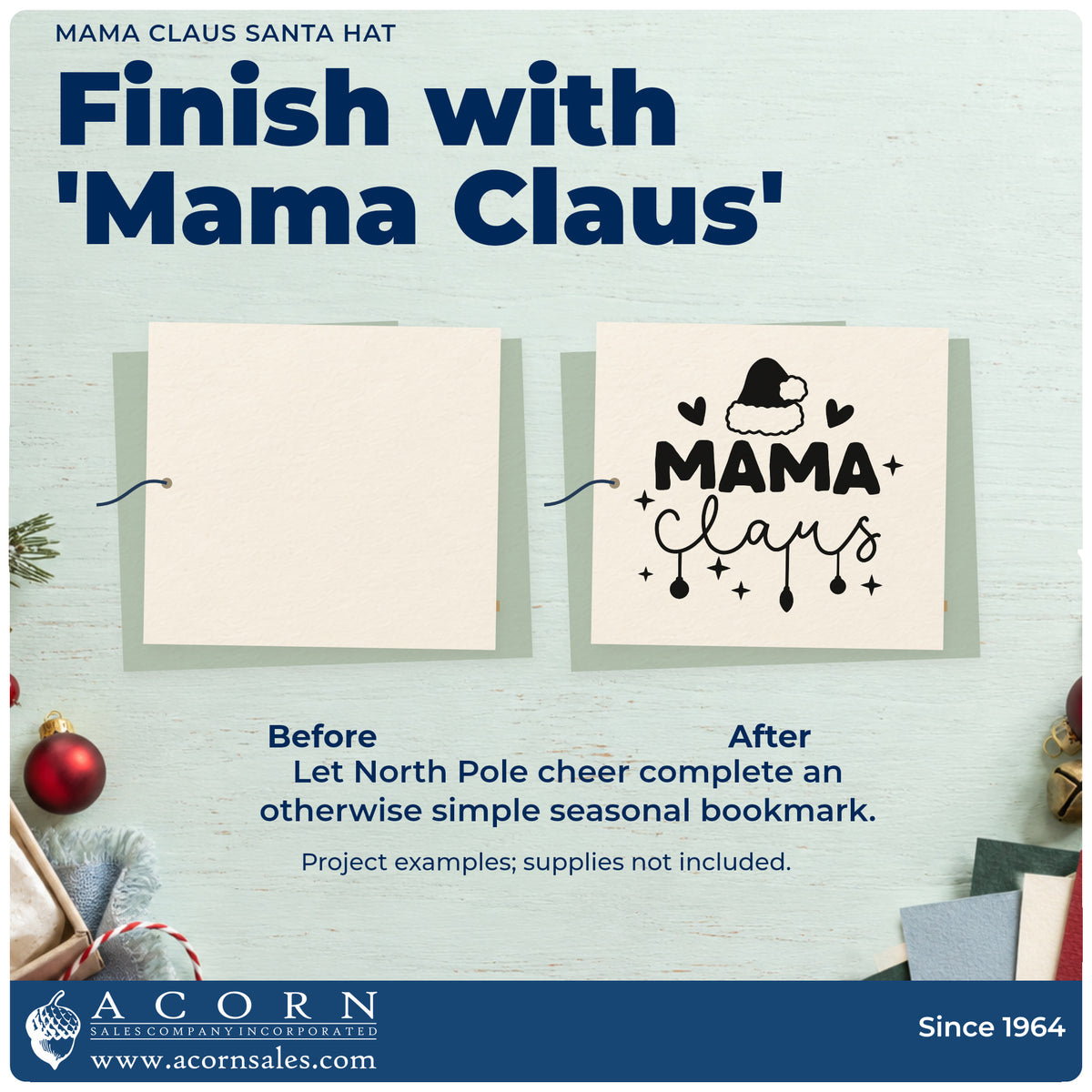 Before and after of a plain item finished with the Mama Claus Santa Hat Self-Inking Stamp, a quick upgrade for framed command center.