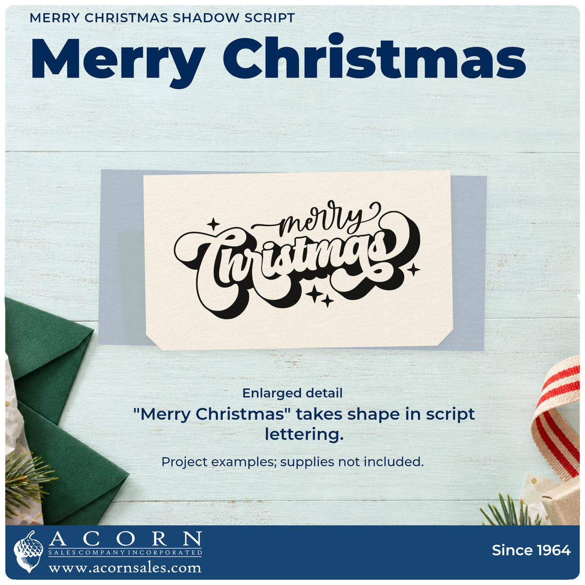 Enlarged detail of the PSI Pre-Inked Merry Christmas Shadow Script Lettering Stamp imprint. “Merry Christmas” appears in layered decorative script with small sparkles.