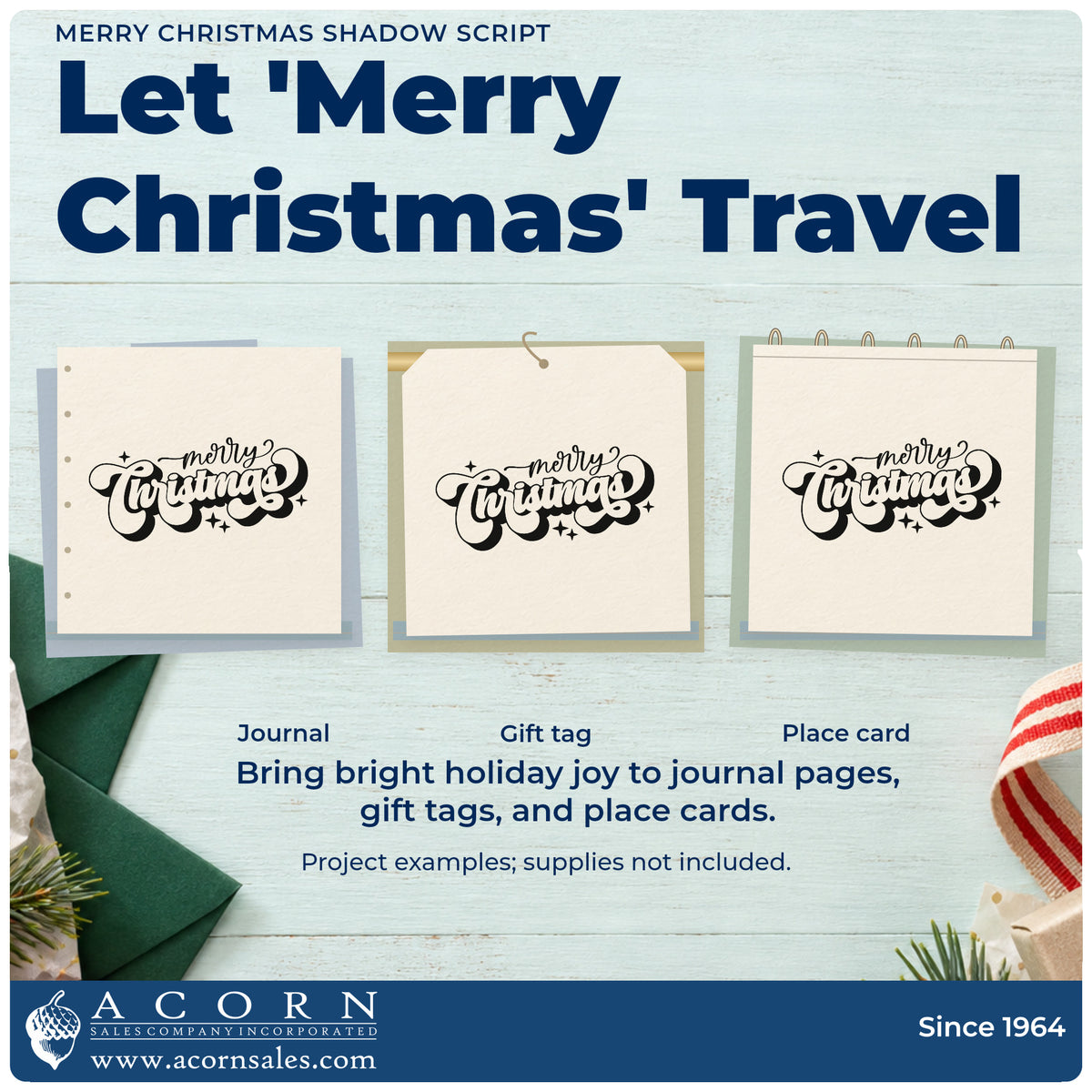 Three project examples made with the Merry Christmas Shadow Script Lettering Rubber Stamp – Wood Handle, including address book header.