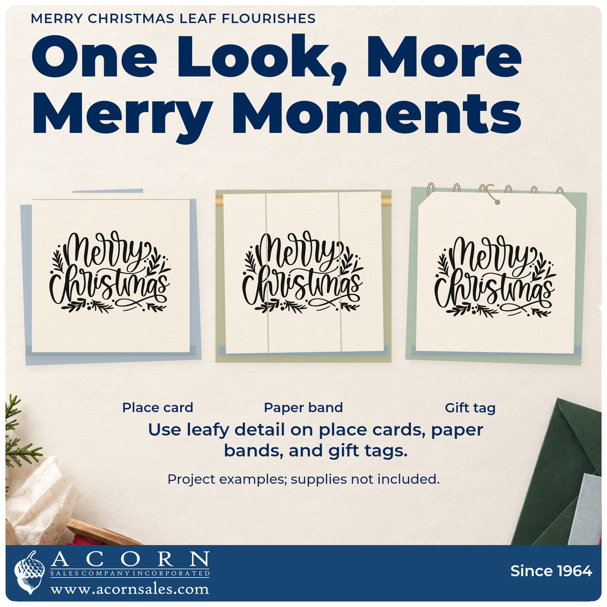 Three project examples made with the Merry Christmas Leaf Flourishes Leafy Branches PSI Pre-Inked Stamp, including seed order sheet.
