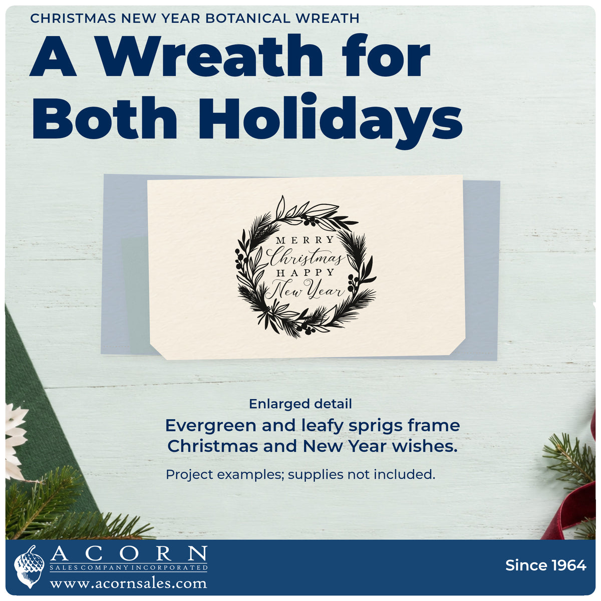 Enlarged detail of the Self-Inking Botanical Wreath Holiday New Year Lettering Stamp imprint. “Merry Christmas Happy New Year” sits inside a wreath of evergreen and leafy sprigs.