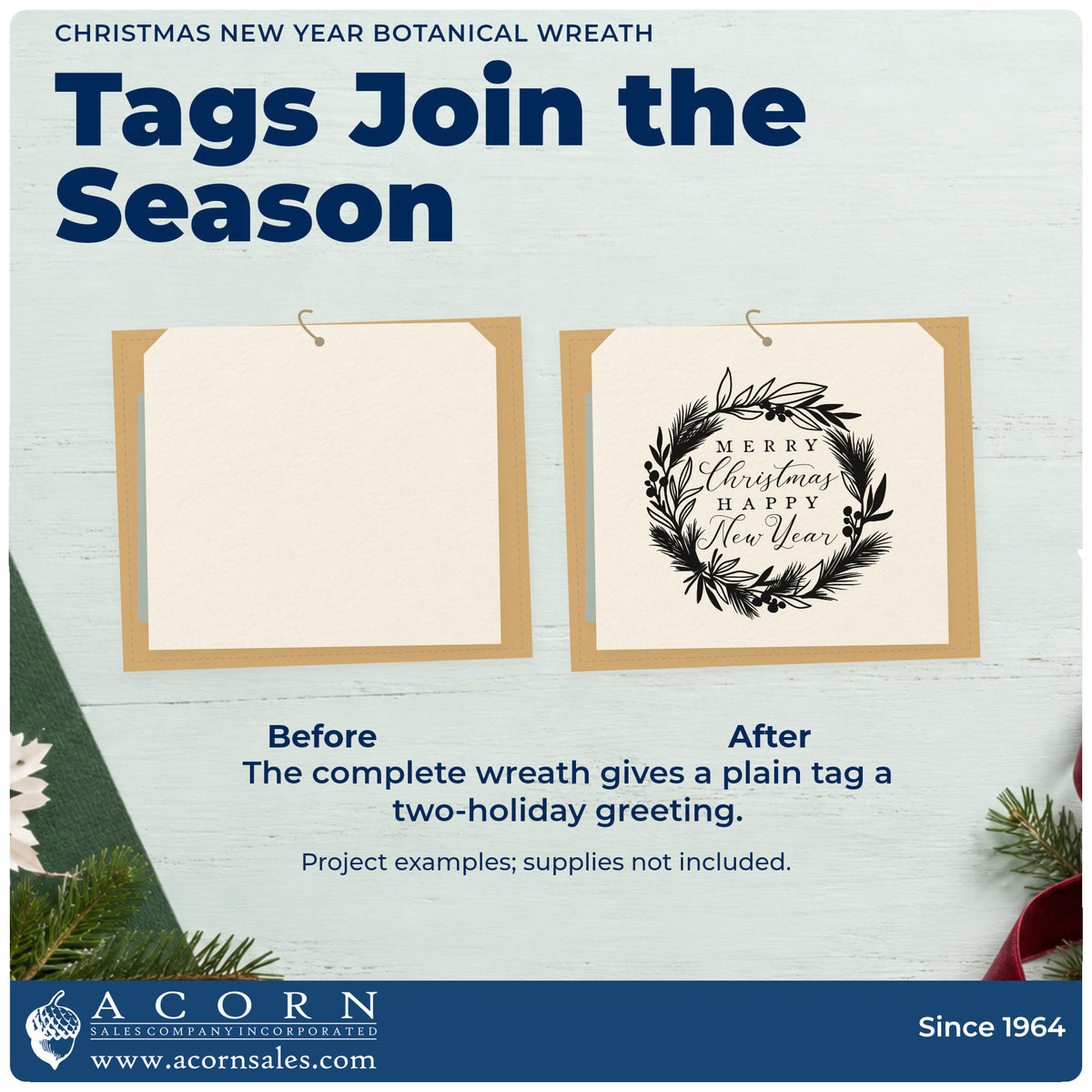 Before and after of a plain item finished with the Self-Inking Botanical Wreath Holiday New Year Lettering Stamp, a quick upgrade for framed hall alcove.